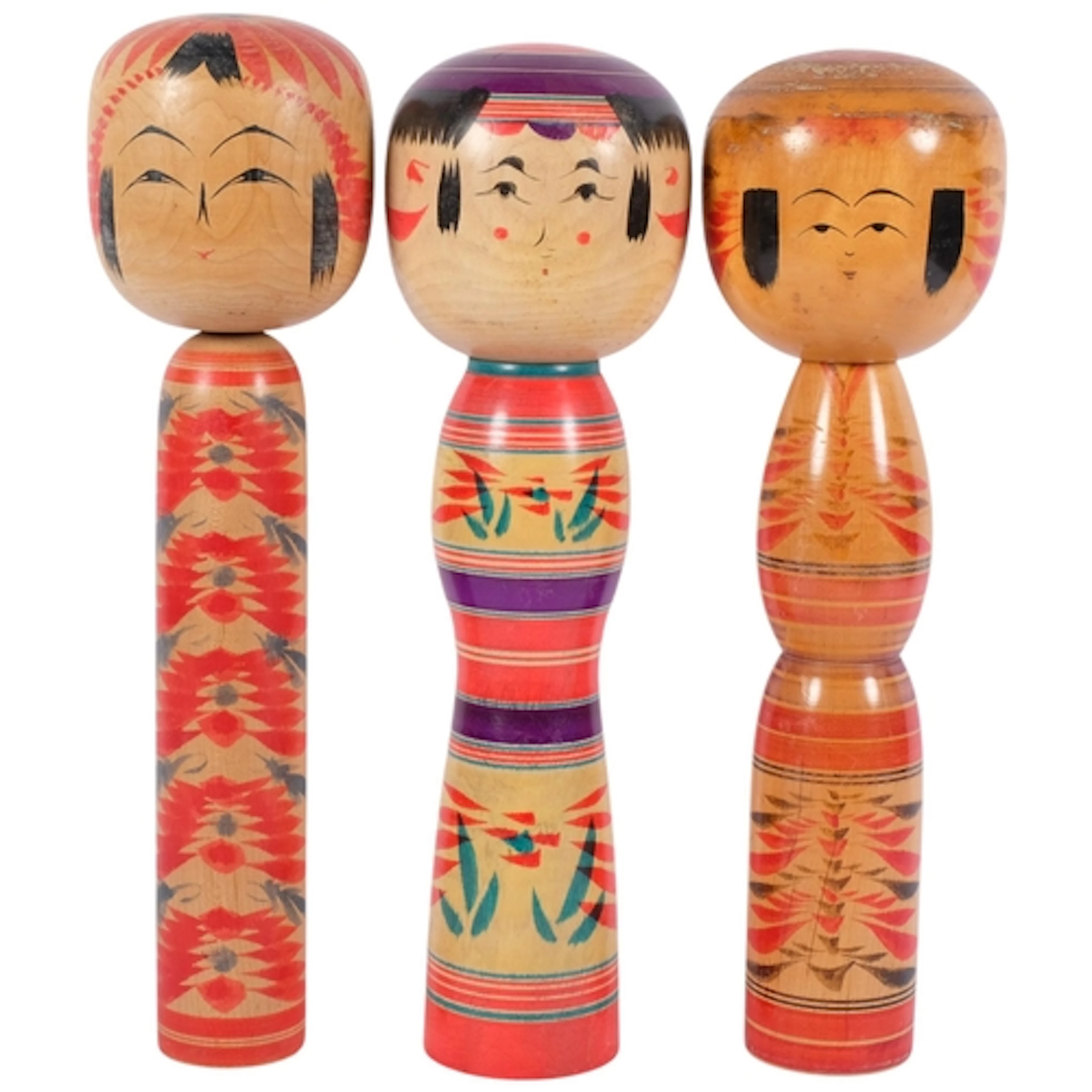 A group of 3 large Japanese hand-painted Kokeshi dolls, H36c...