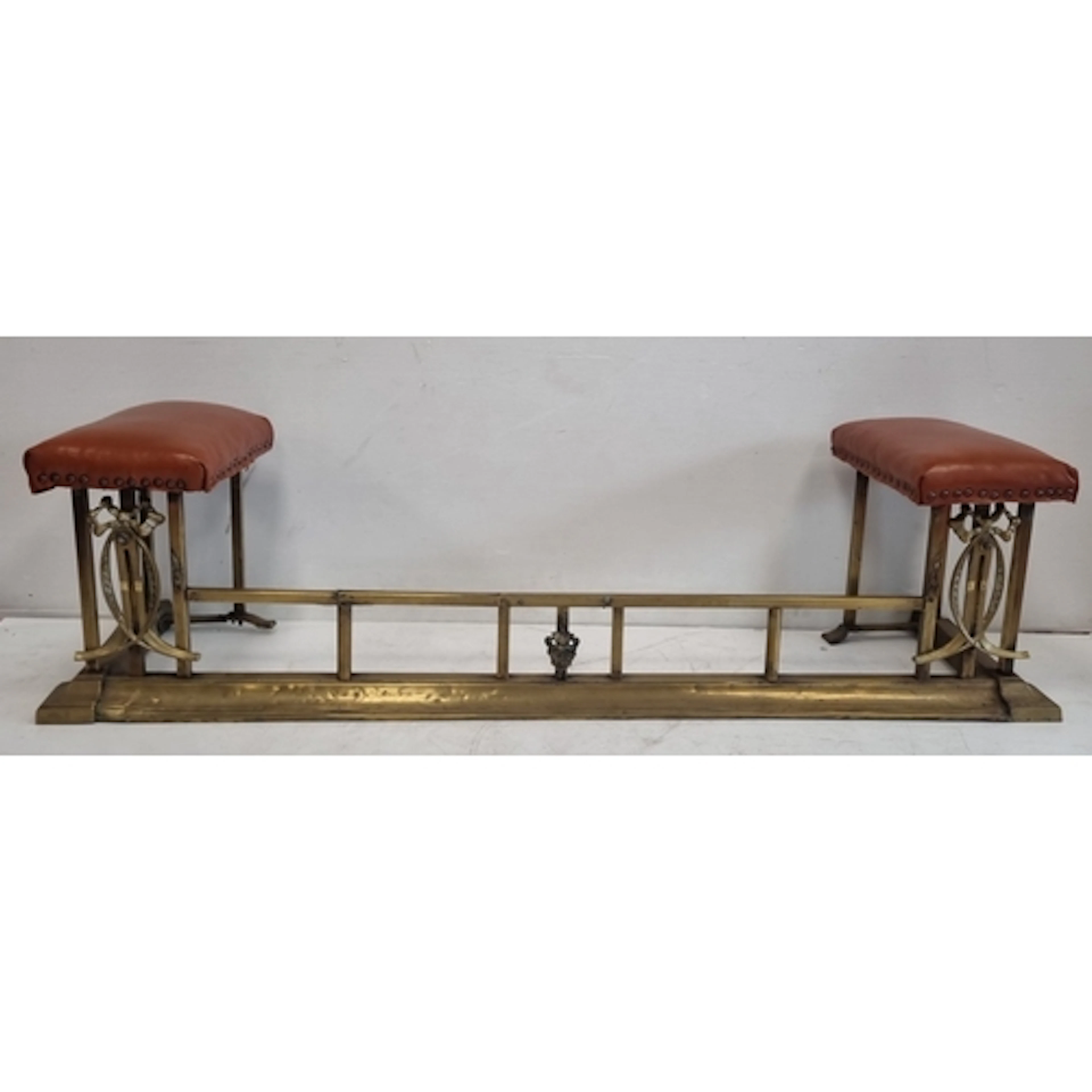 Art Nouveau Style Brass Club Fender Bench with Upholstered S...