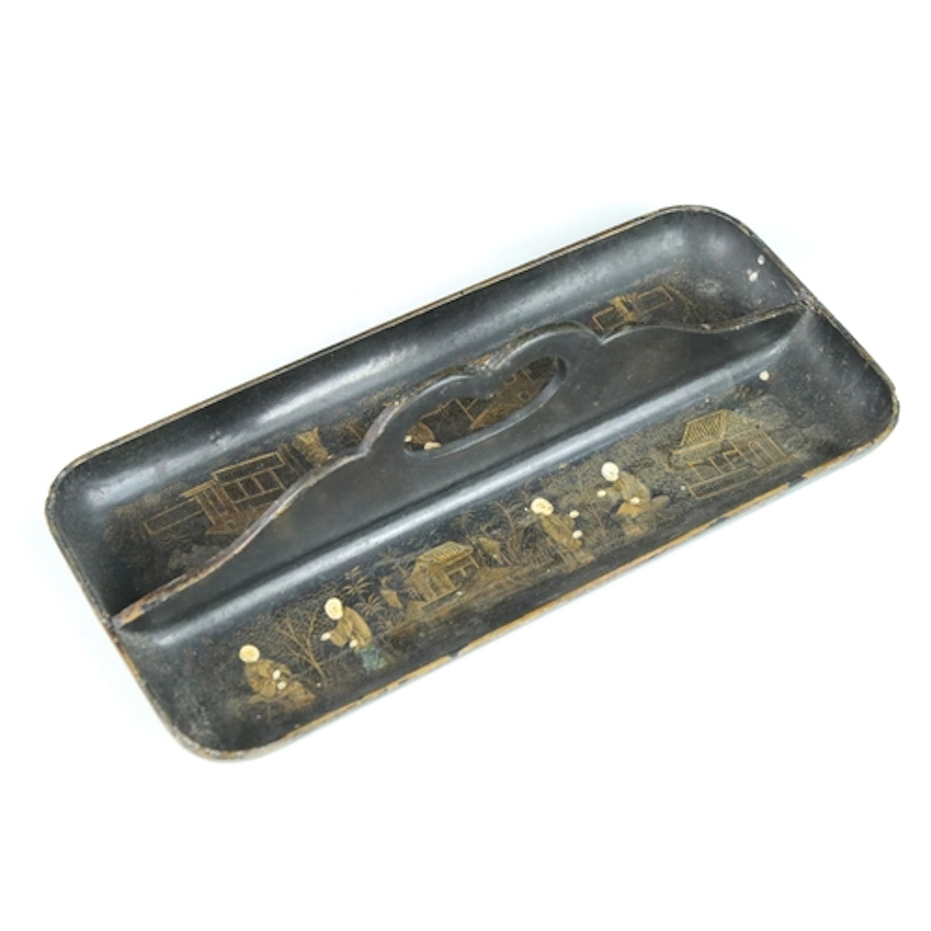 19th century Japanese black lacquered two section pen tray w...