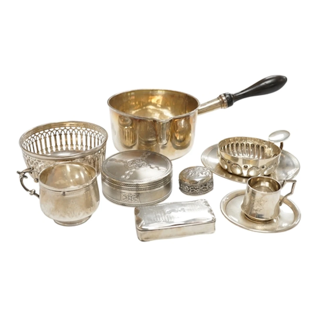 A 19th century French white metal brandy pan, indistinct mar...