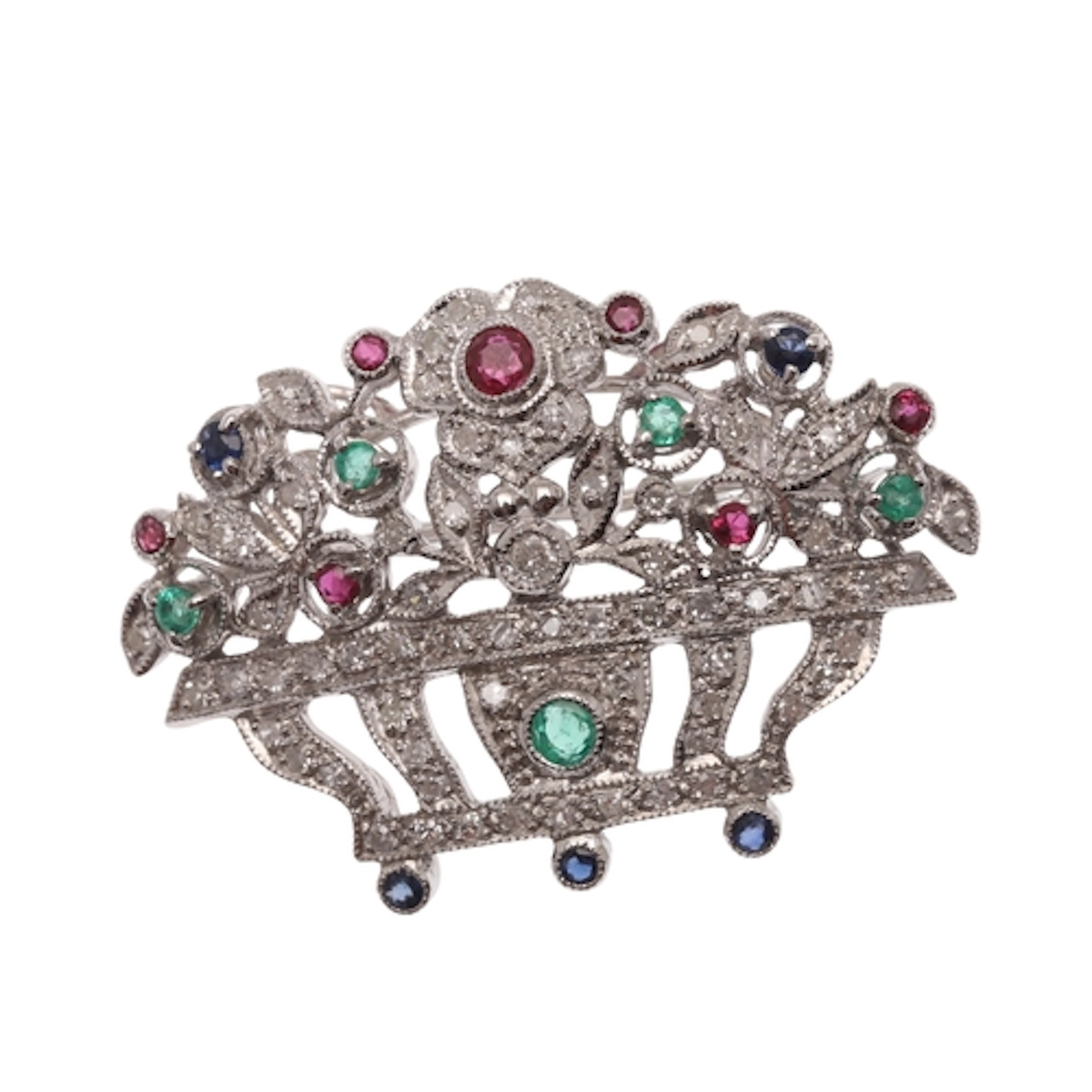 A DIAMOND AND GEM SET GIARDINETTO BROOCH. mounted with circu...