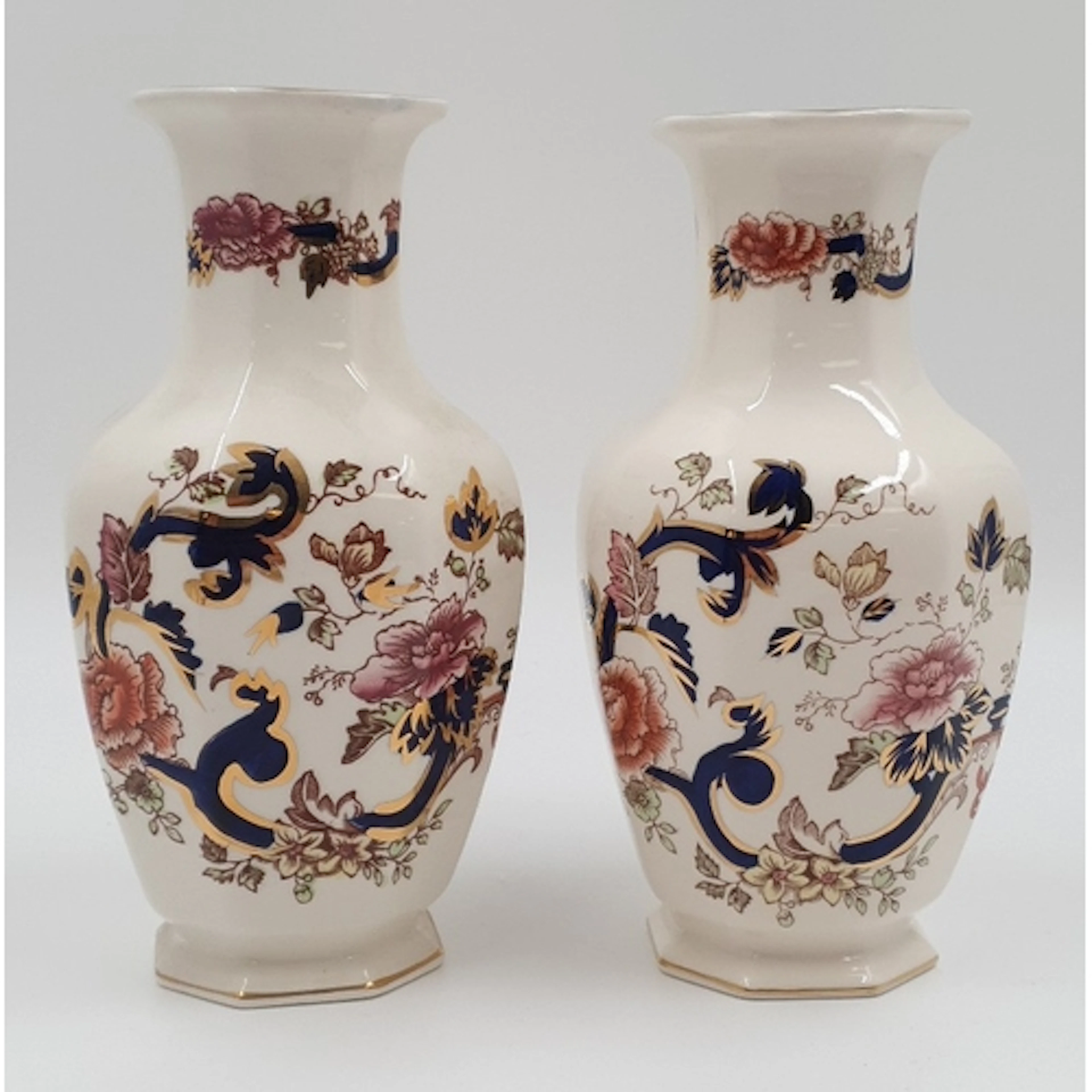 Pair of Mason's Blue Mandalay vases, printed and hand painte...