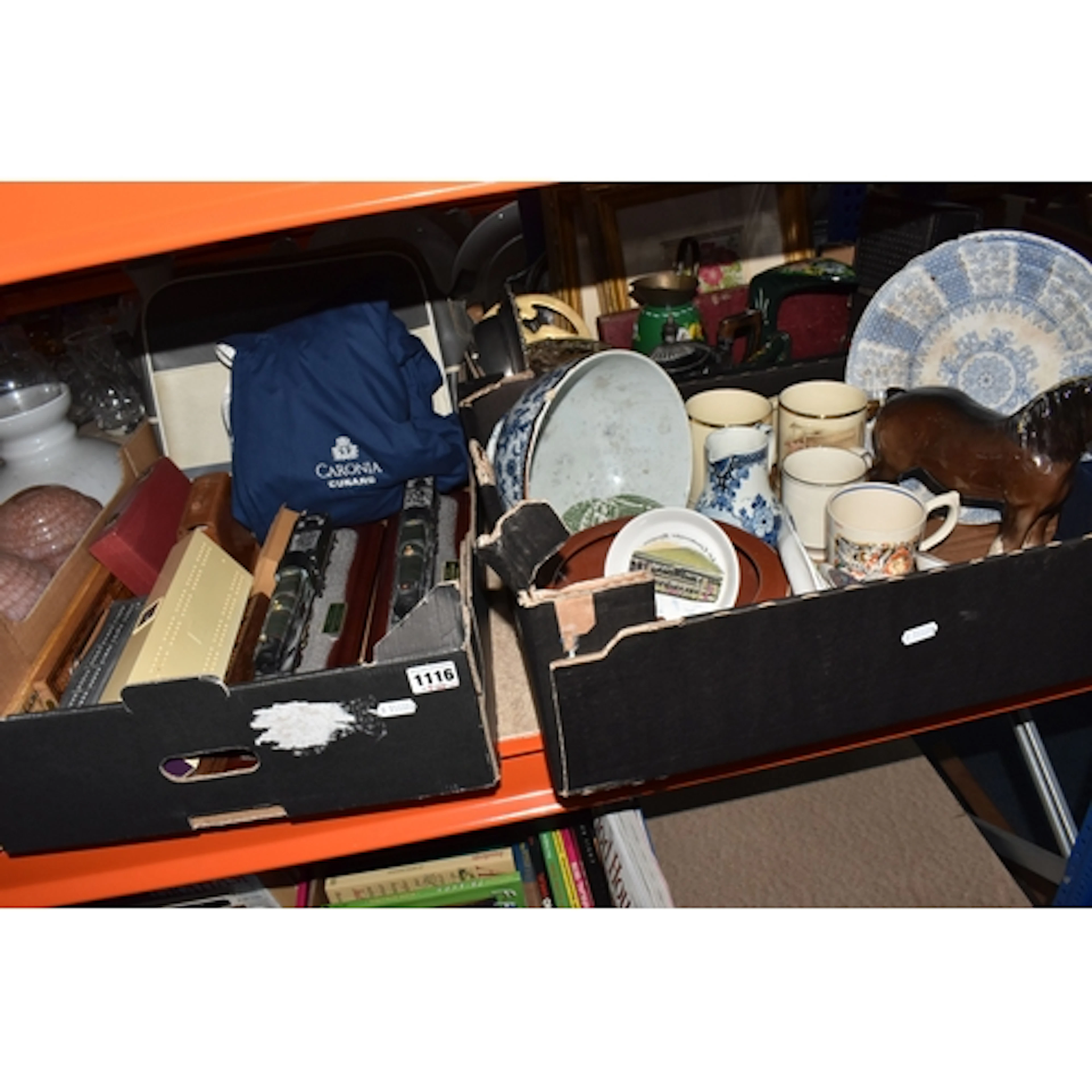 THREE BOXES OF CERAMICS, METAL WARES AND CRIBBAGE BOARDS ETC...