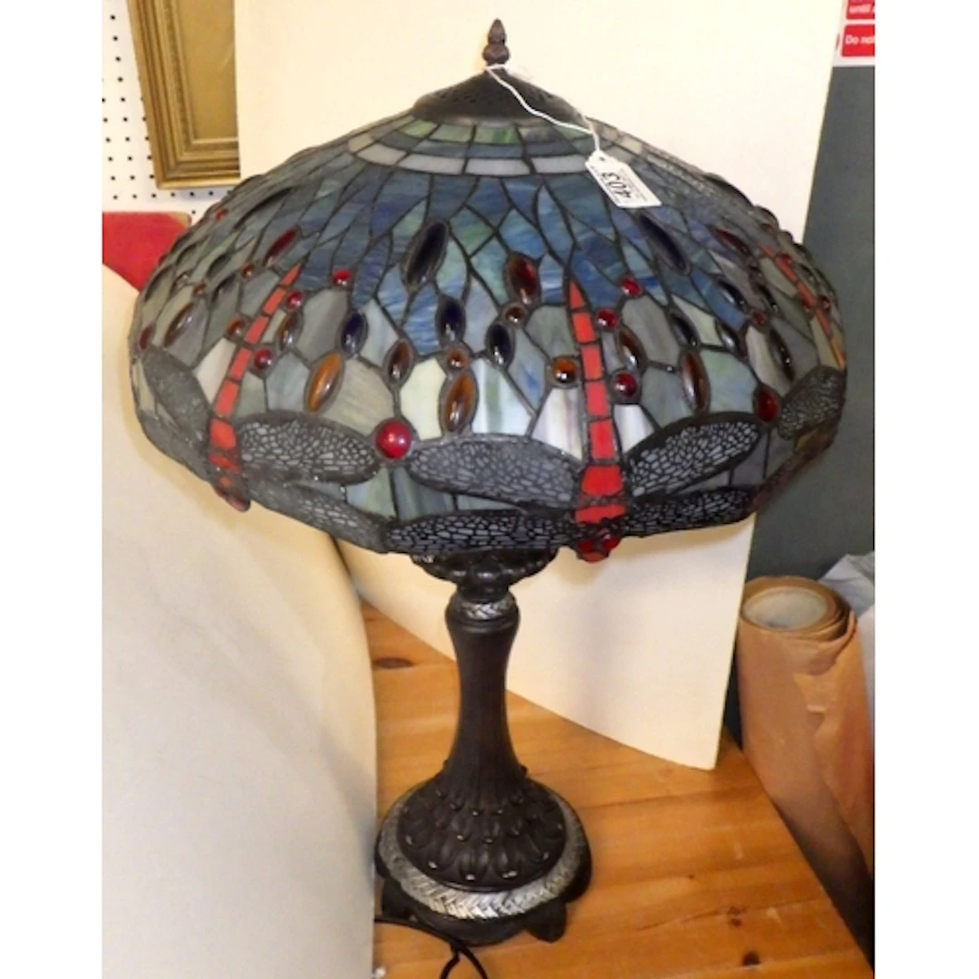 A Tiffany style Dragonfly stained glass table lamp, 65cm tal...