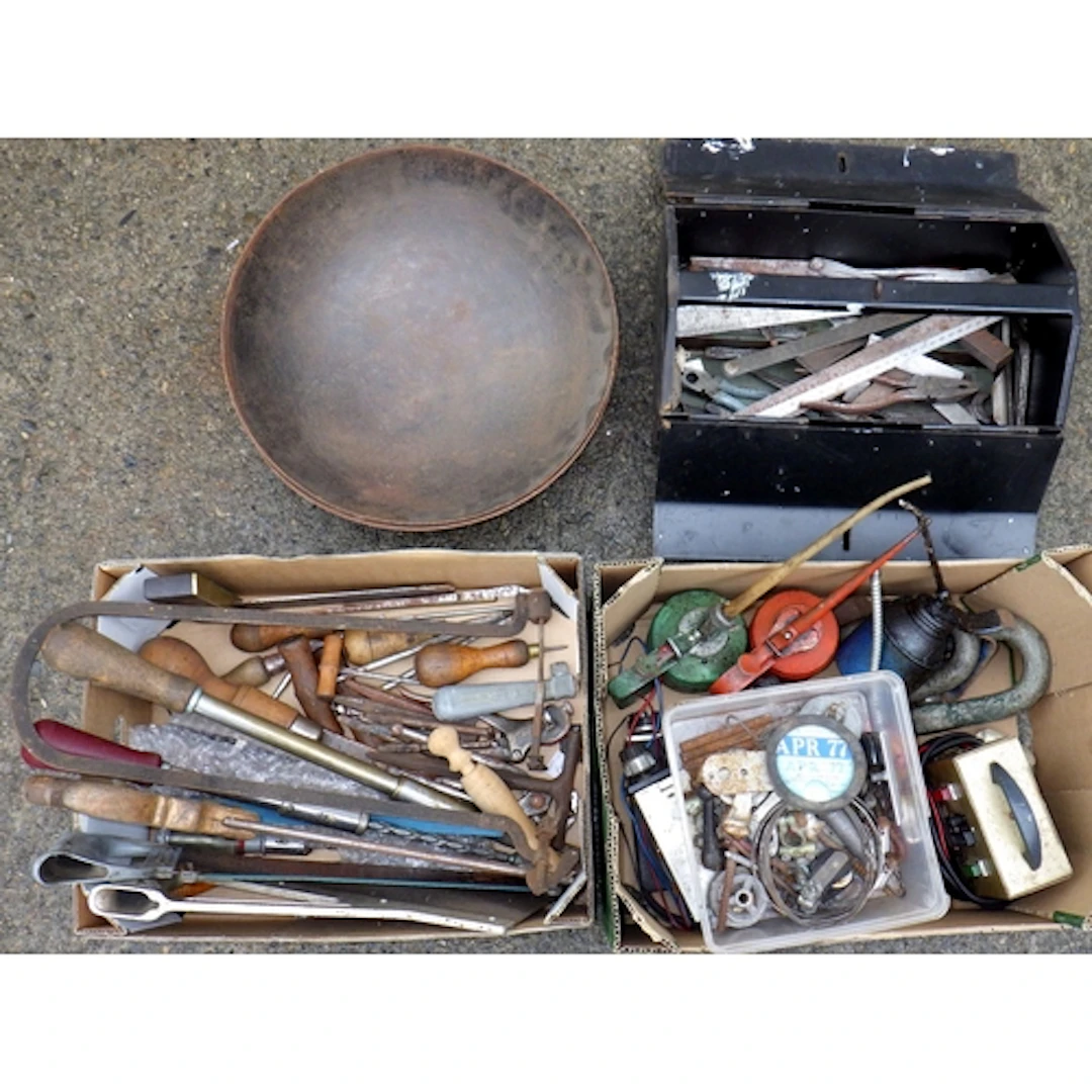 A qty of tools, circular metal dishes etc