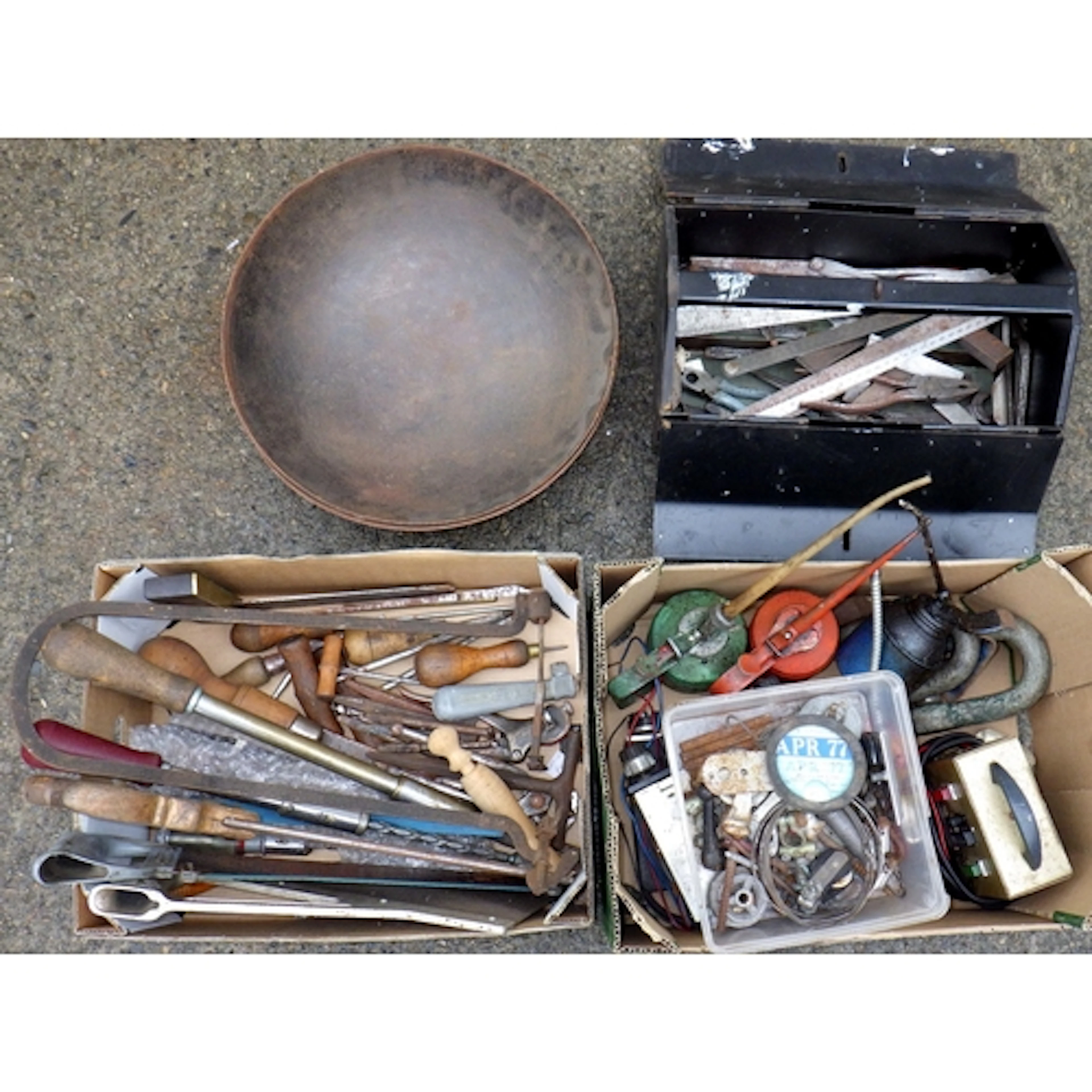 A qty of tools, circular metal dishes etc
