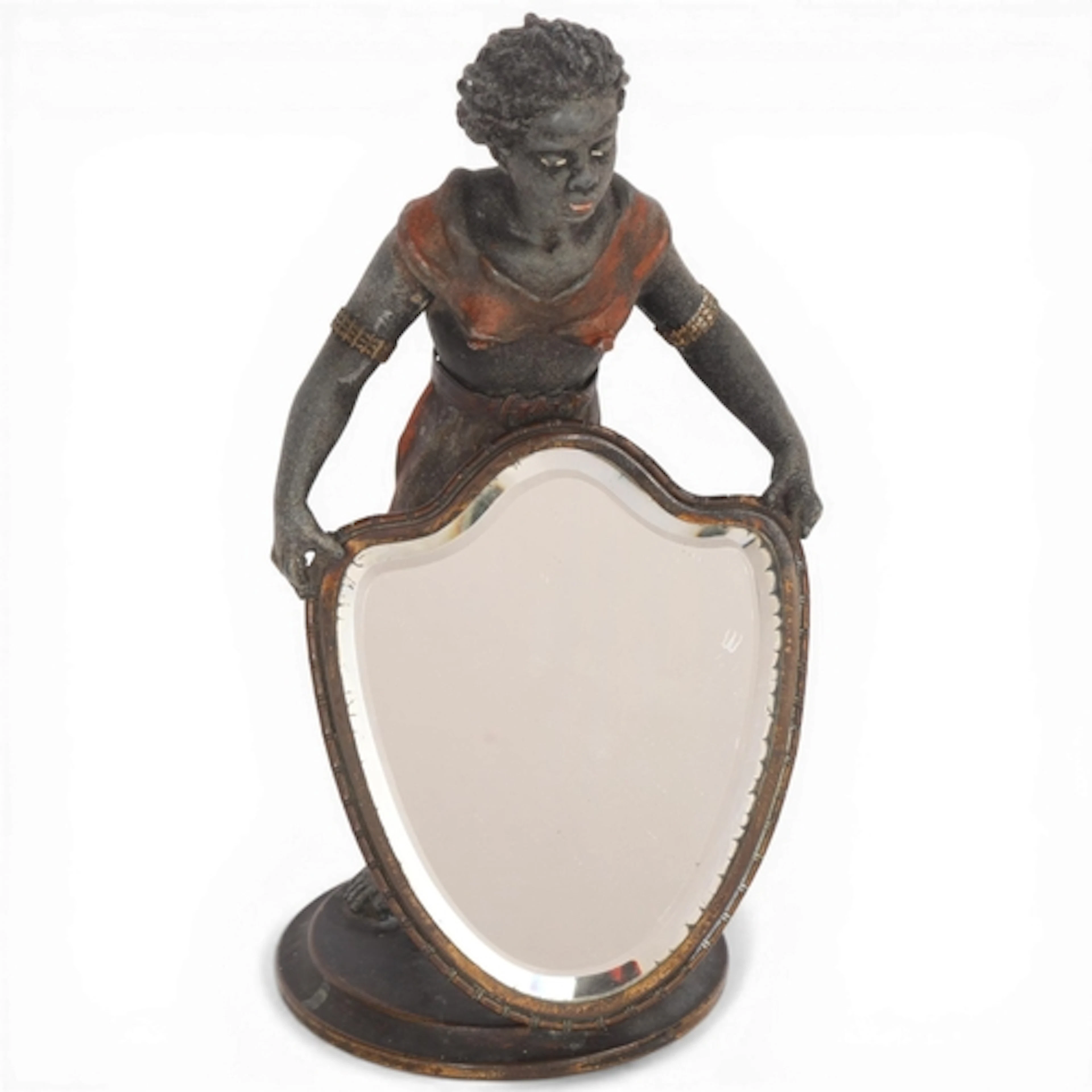 A cold painted metal figure holding a mirror, height 23cm