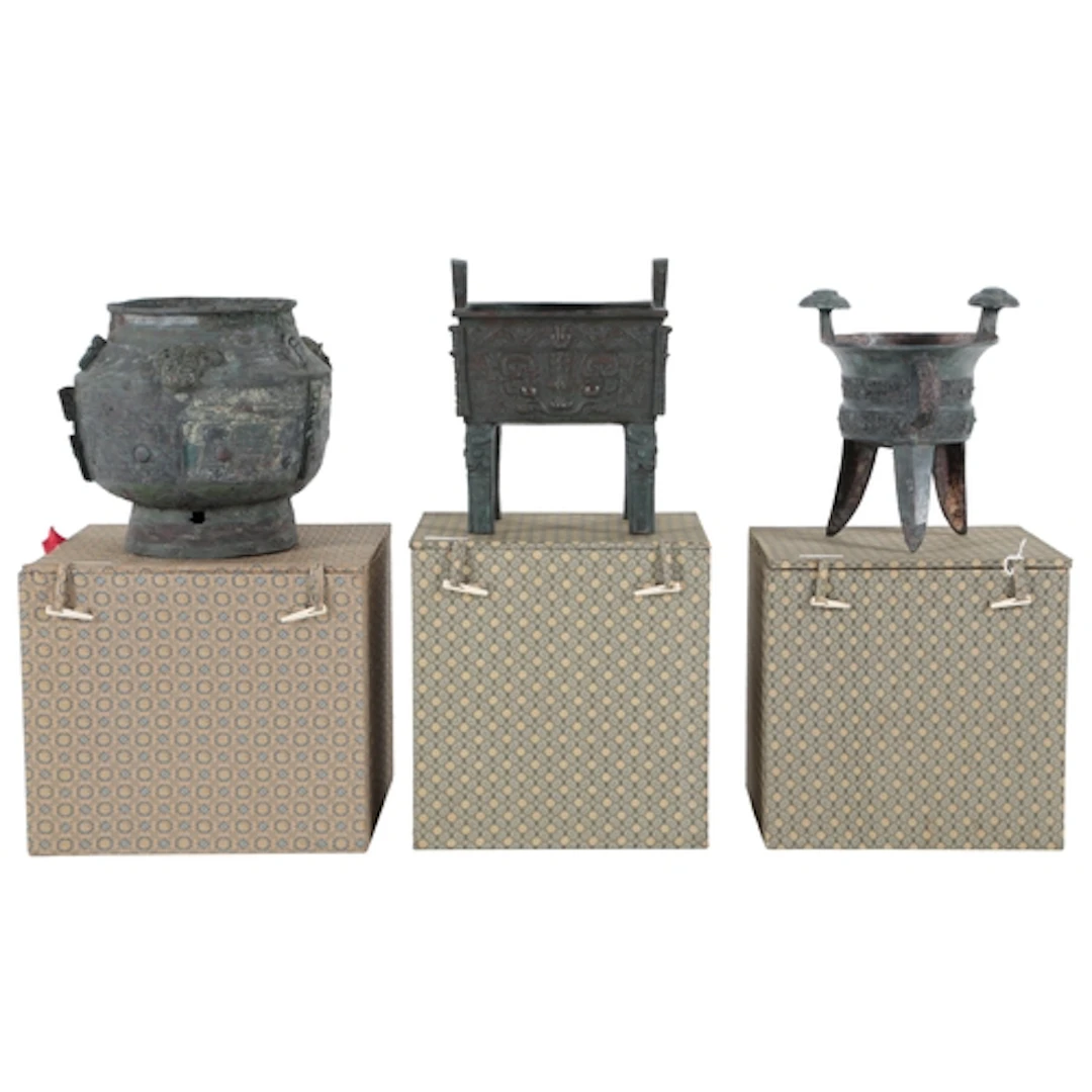 Three Chinese patinated bronze archaistic models of a Fang D...