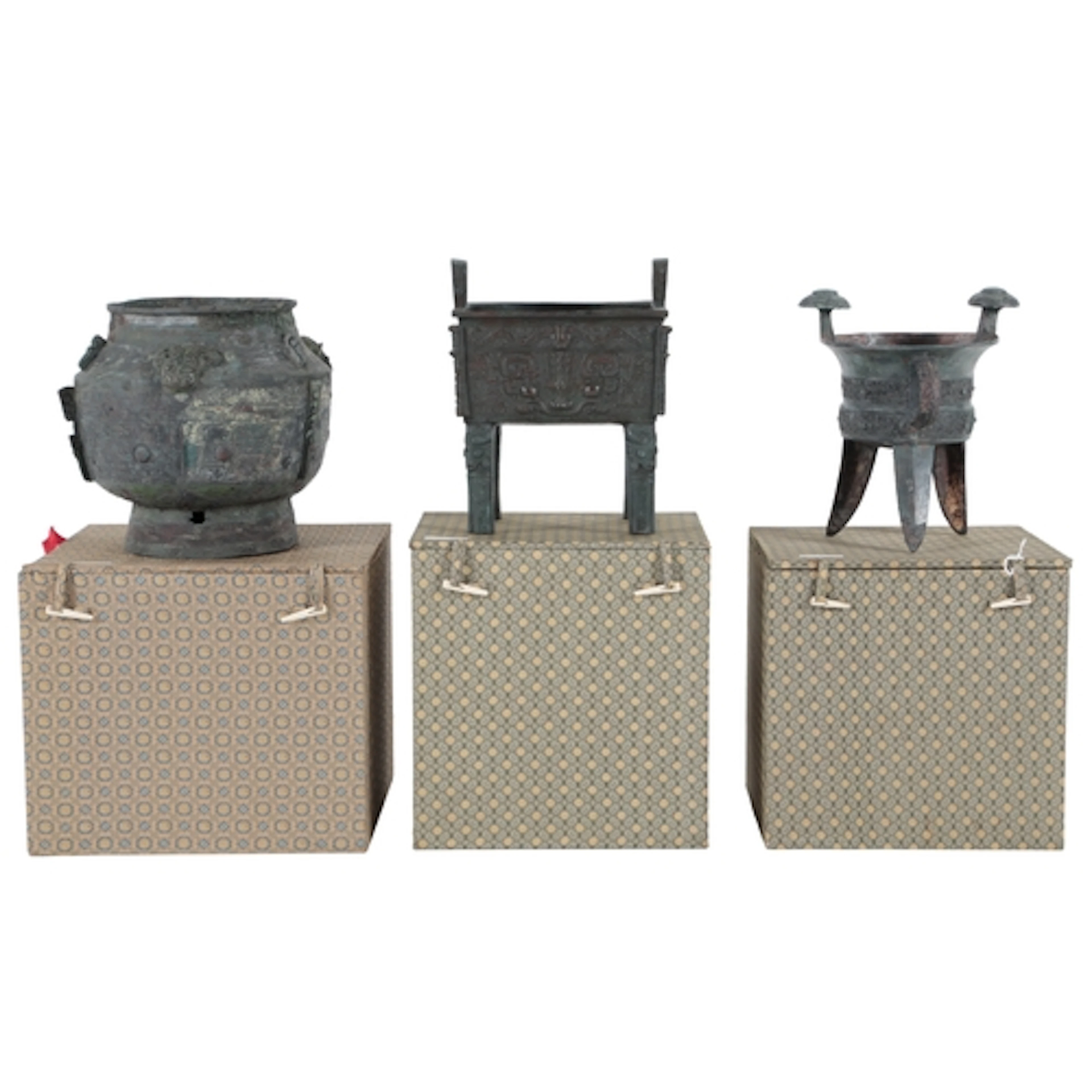 Three Chinese patinated bronze archaistic models of a Fang D...