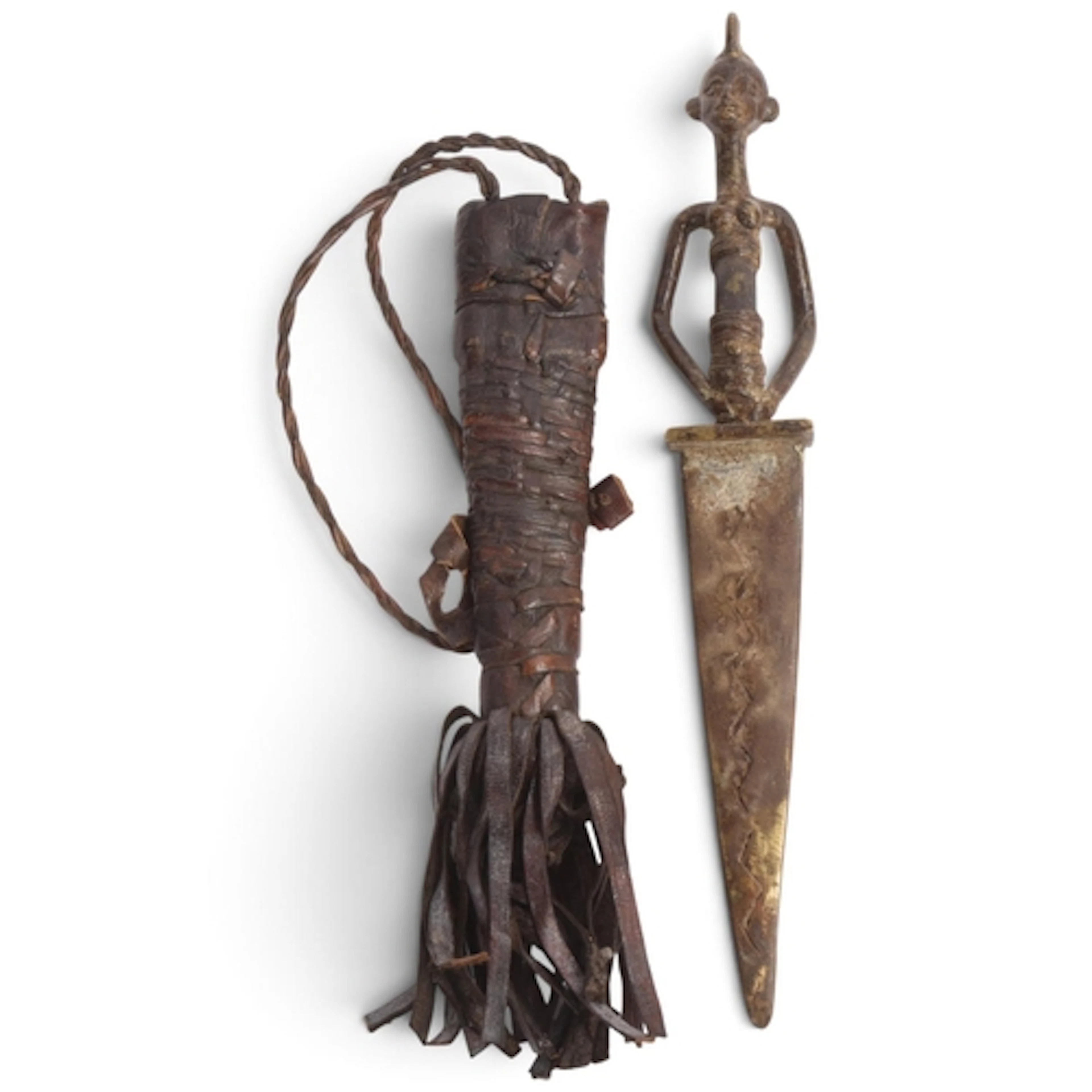 A Dogon bronze ritual dagger, with figural handle, length 24...