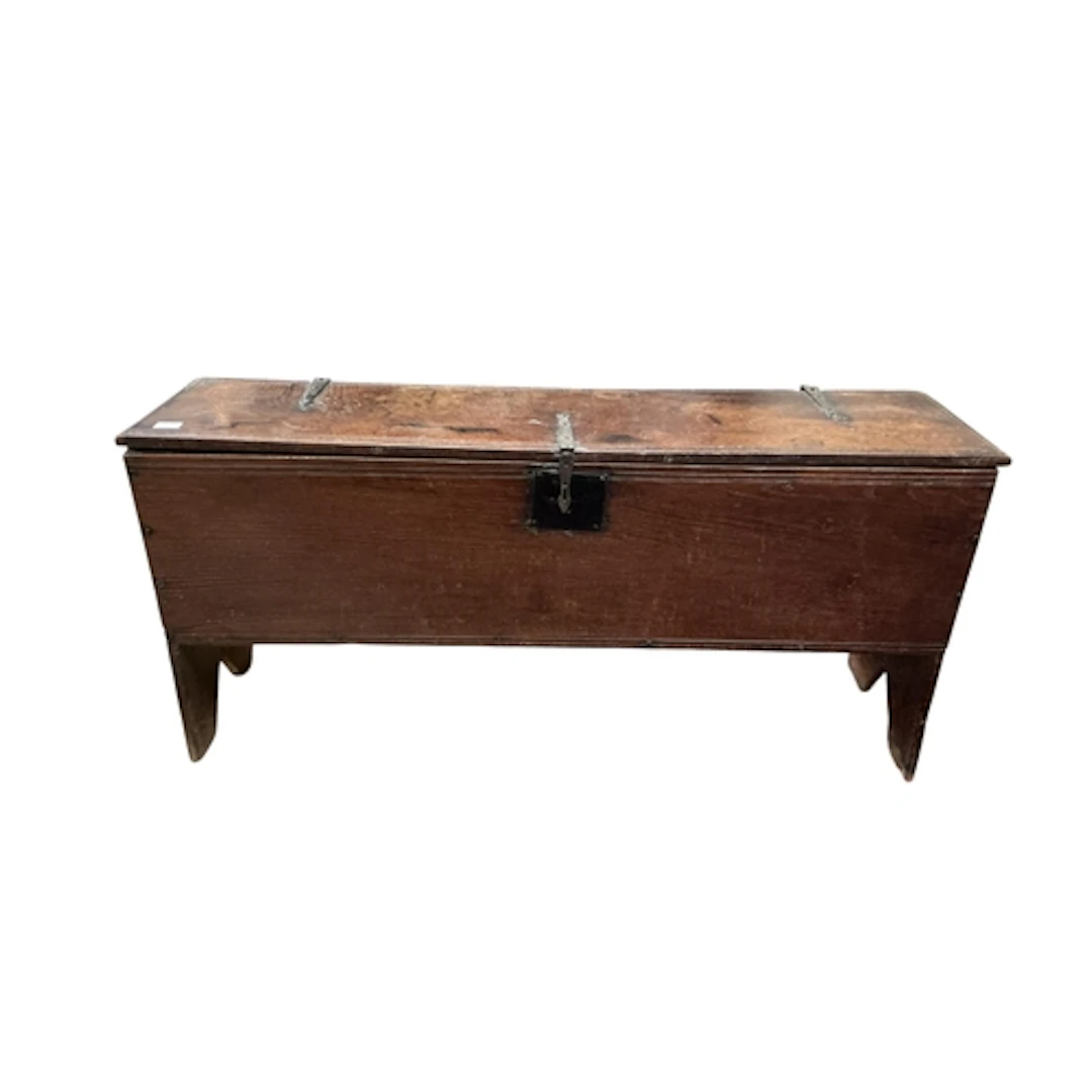 A 17th century oak six plank coffer, width 146cm, depth 37cm...