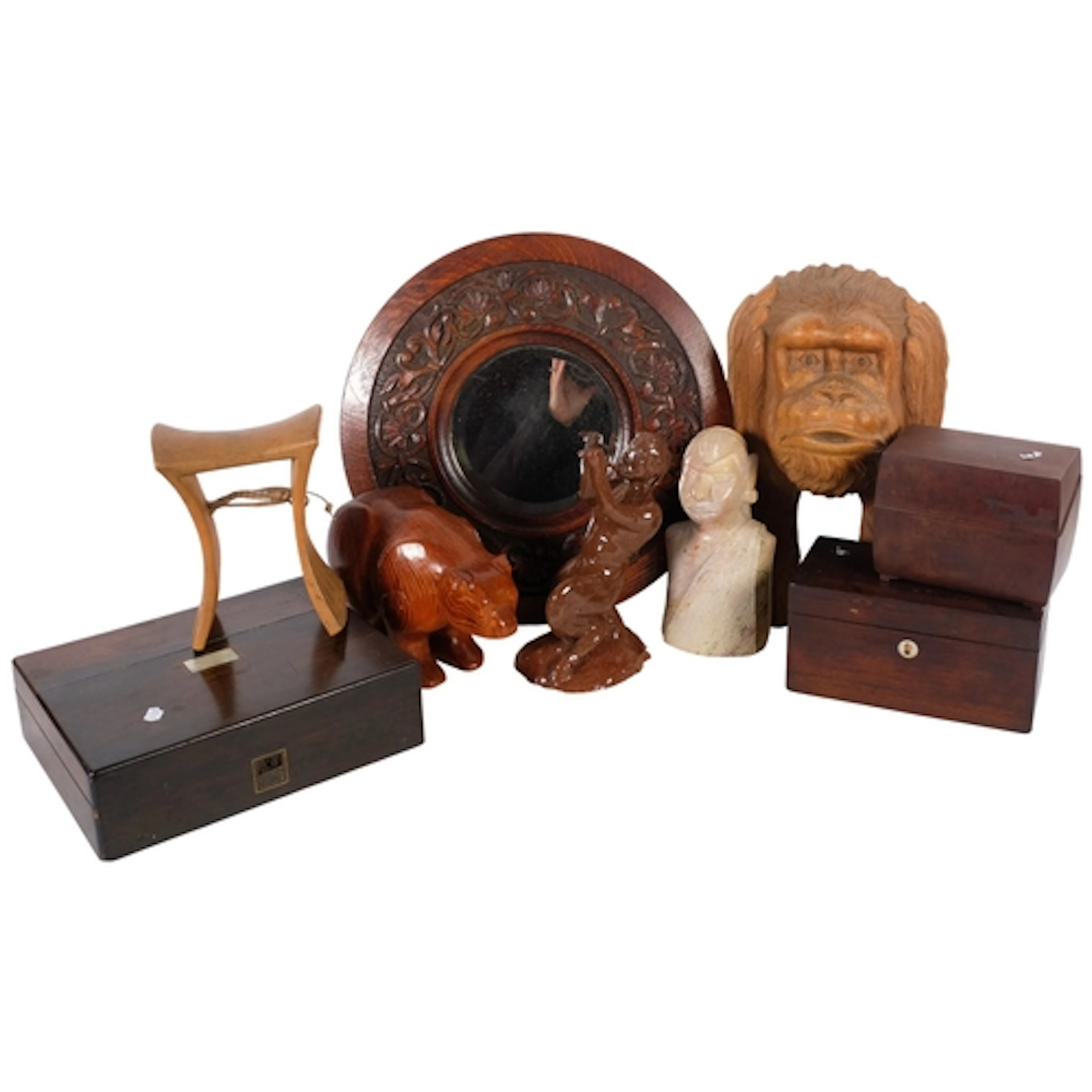 A box of various collectables, including a carved oak circul...