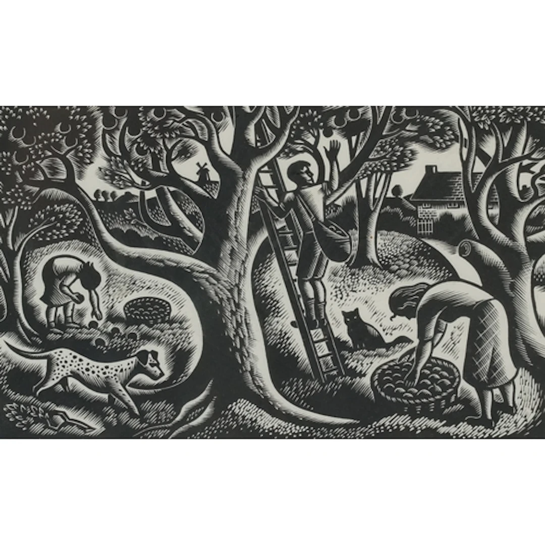 Gwenda Morgan - Apple picking, 20th century pencil signed pr...