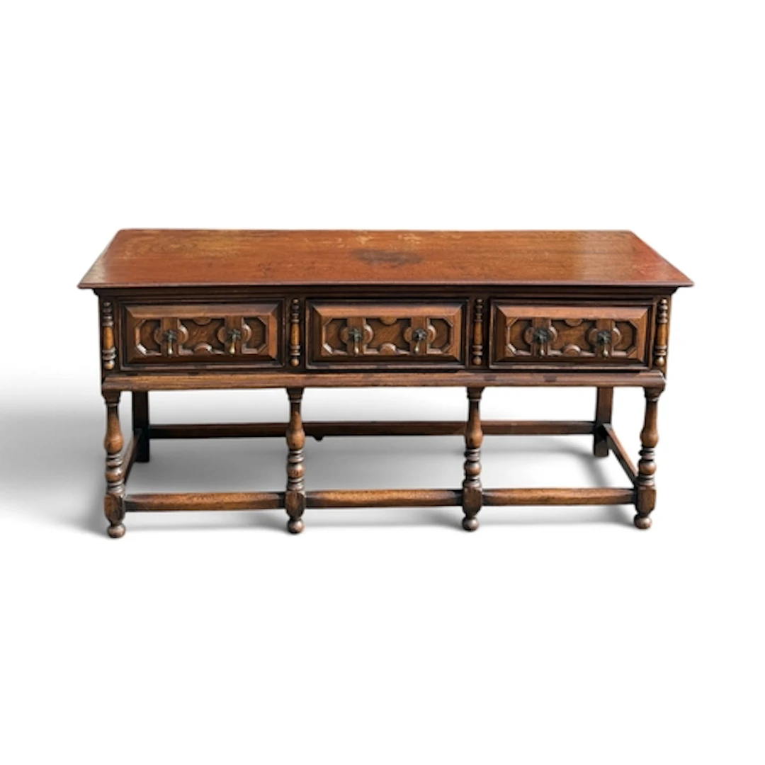 A JACOBEAN STYLE OAK DRESSER BASE 180cm x 53cm x 83cm...