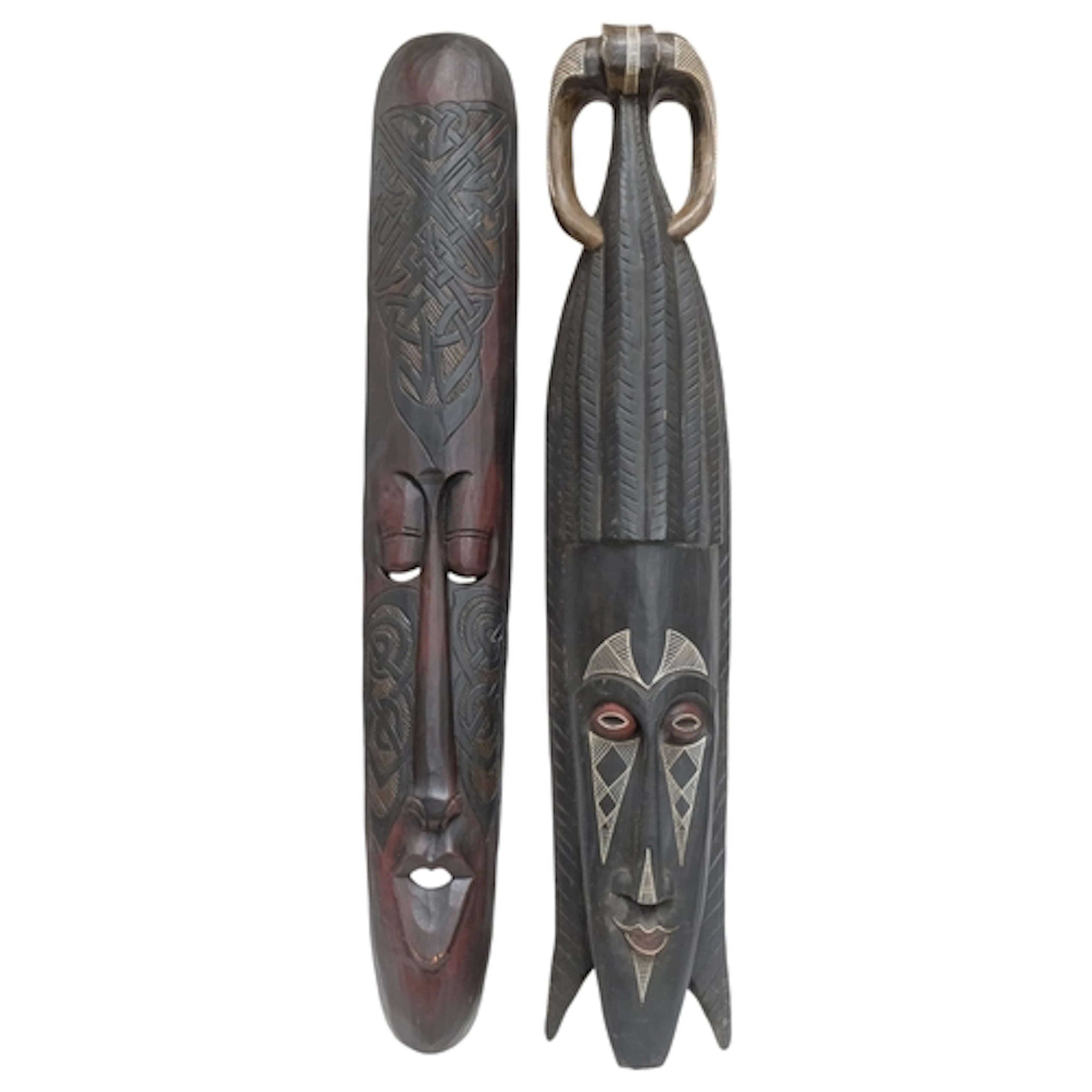 2 modern carved and painted wooden African style wall masks,...
