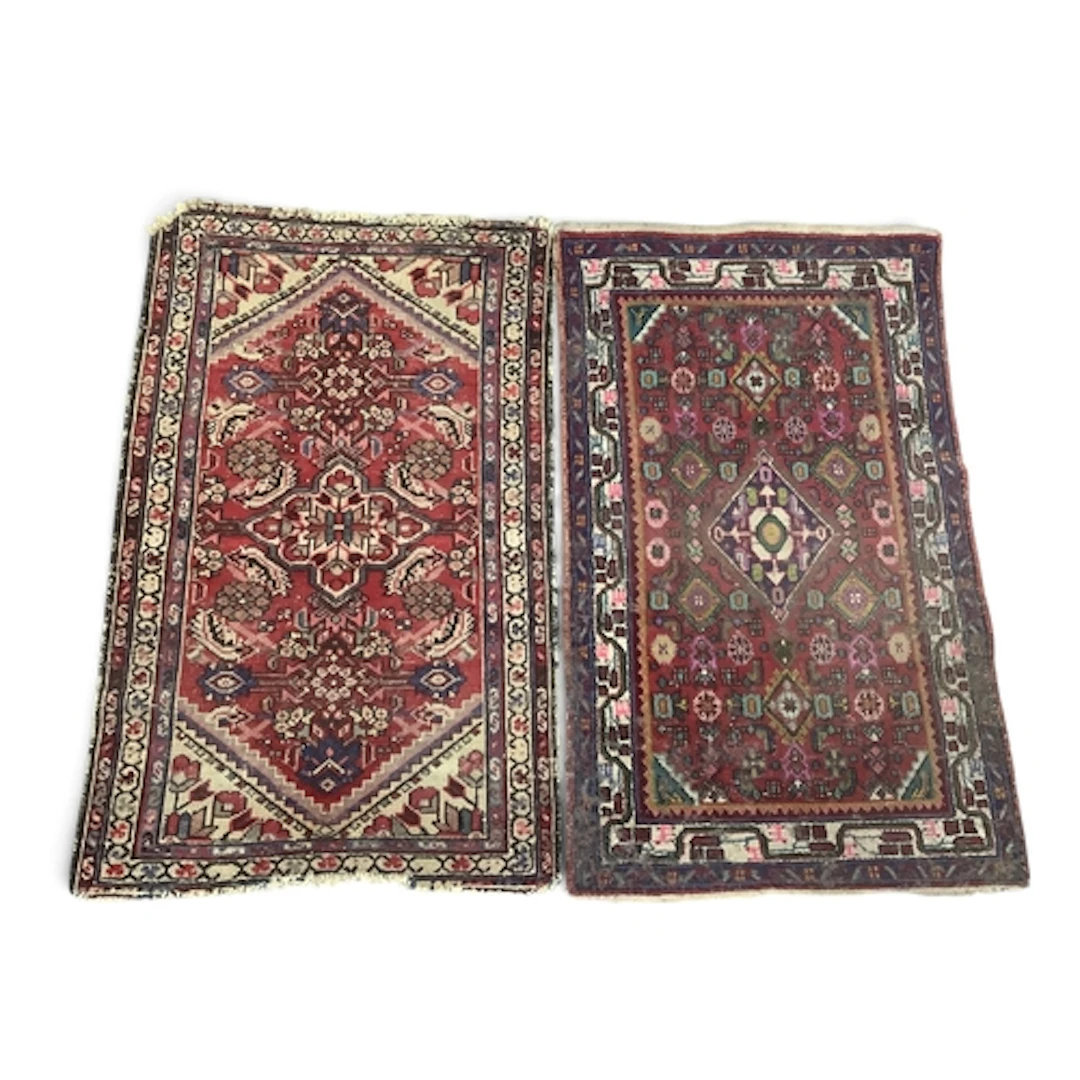 Middle Eastern Wool Rug with diamond motifs on claret ground...
