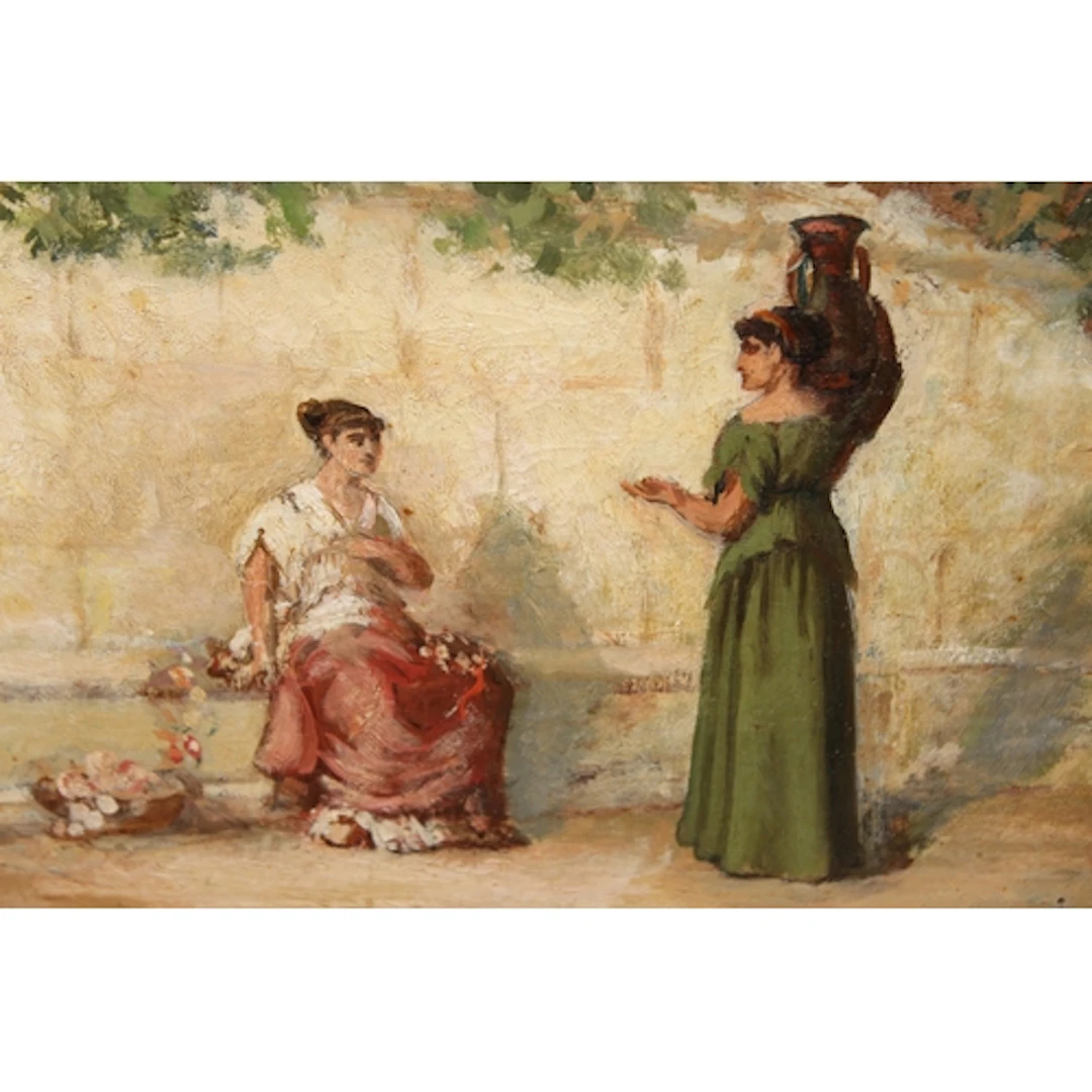 19th Century oil on canvas, two classical ladies in a stone ...