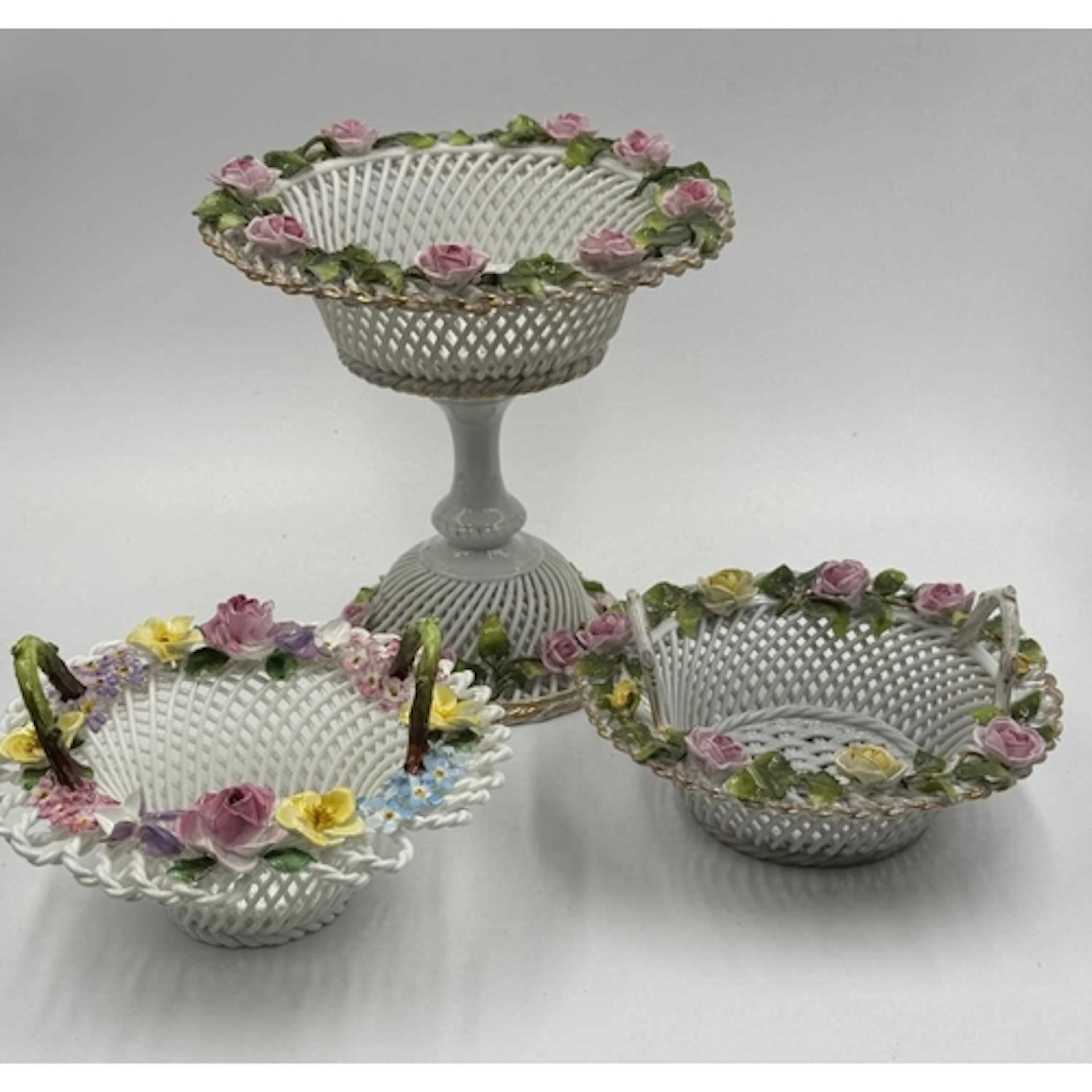 Porcelain centrepiece bowl pierced lattice ware encrusted fl...