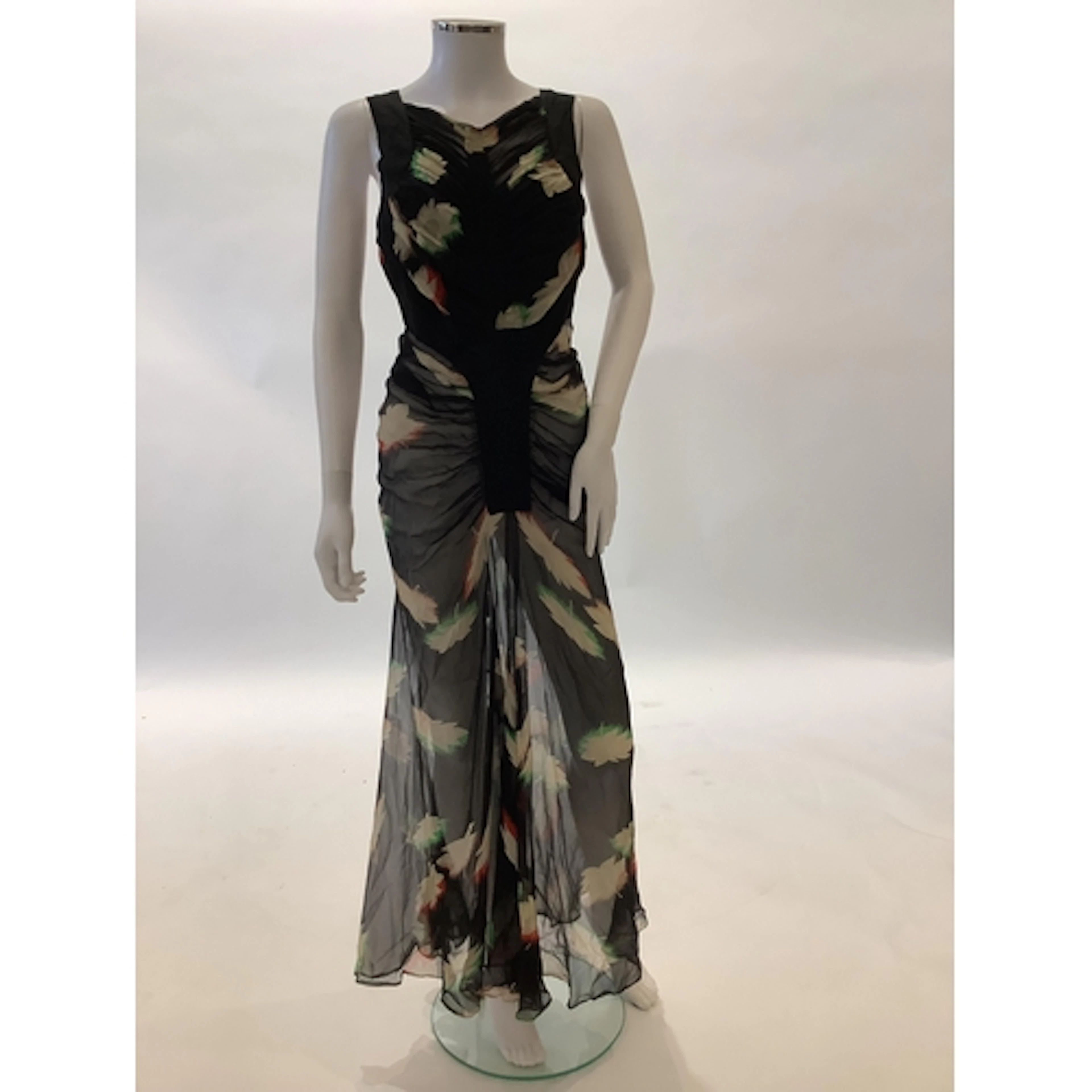 1930's bias cut, silk chiffon stylised abstract floral eveni...