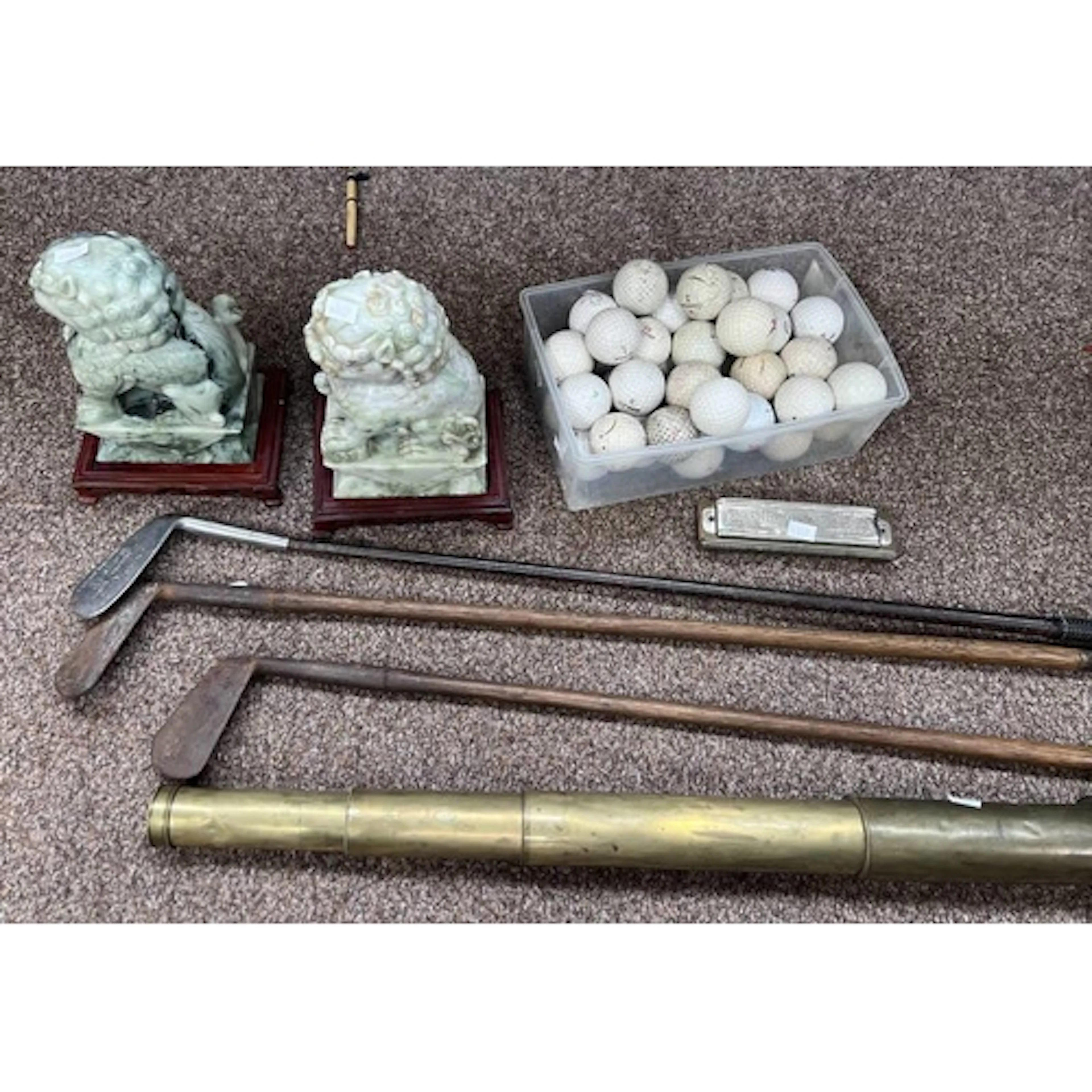 4 DRAW TELESCOPE, GOLF BALLS, 2 CARVED HARDSTONE DOGS OF FU ...
