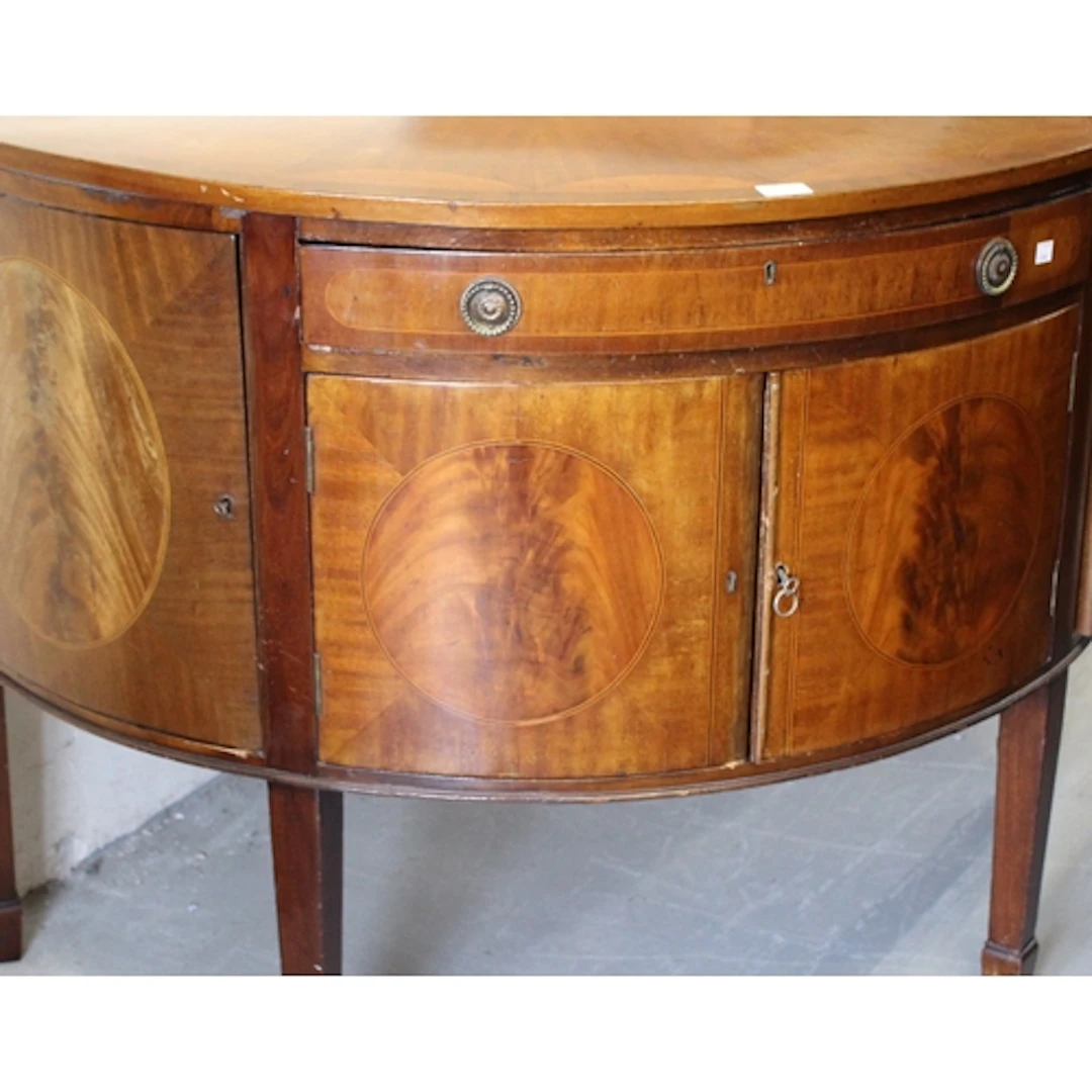Edwardian mahogany and inlaid demi lune side cabinet in Geor...