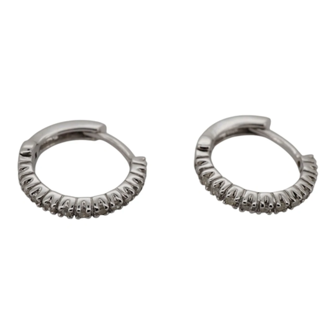 A pair of diamond hoops, set to the front with lines of bril...