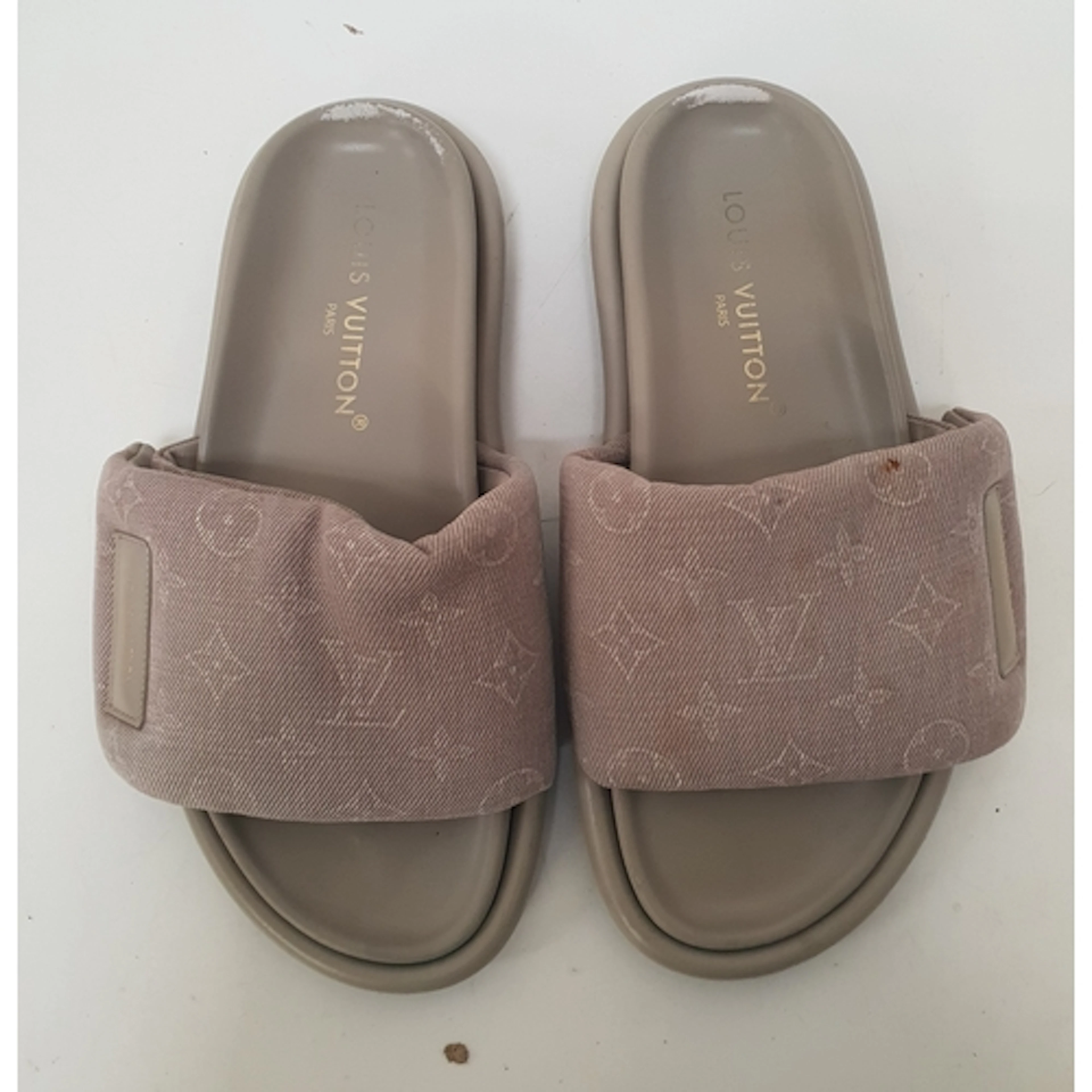 PAIR OF LOUIS VUITTON POOL FLAT COMFORT MULES MONOGRAM JACQU...