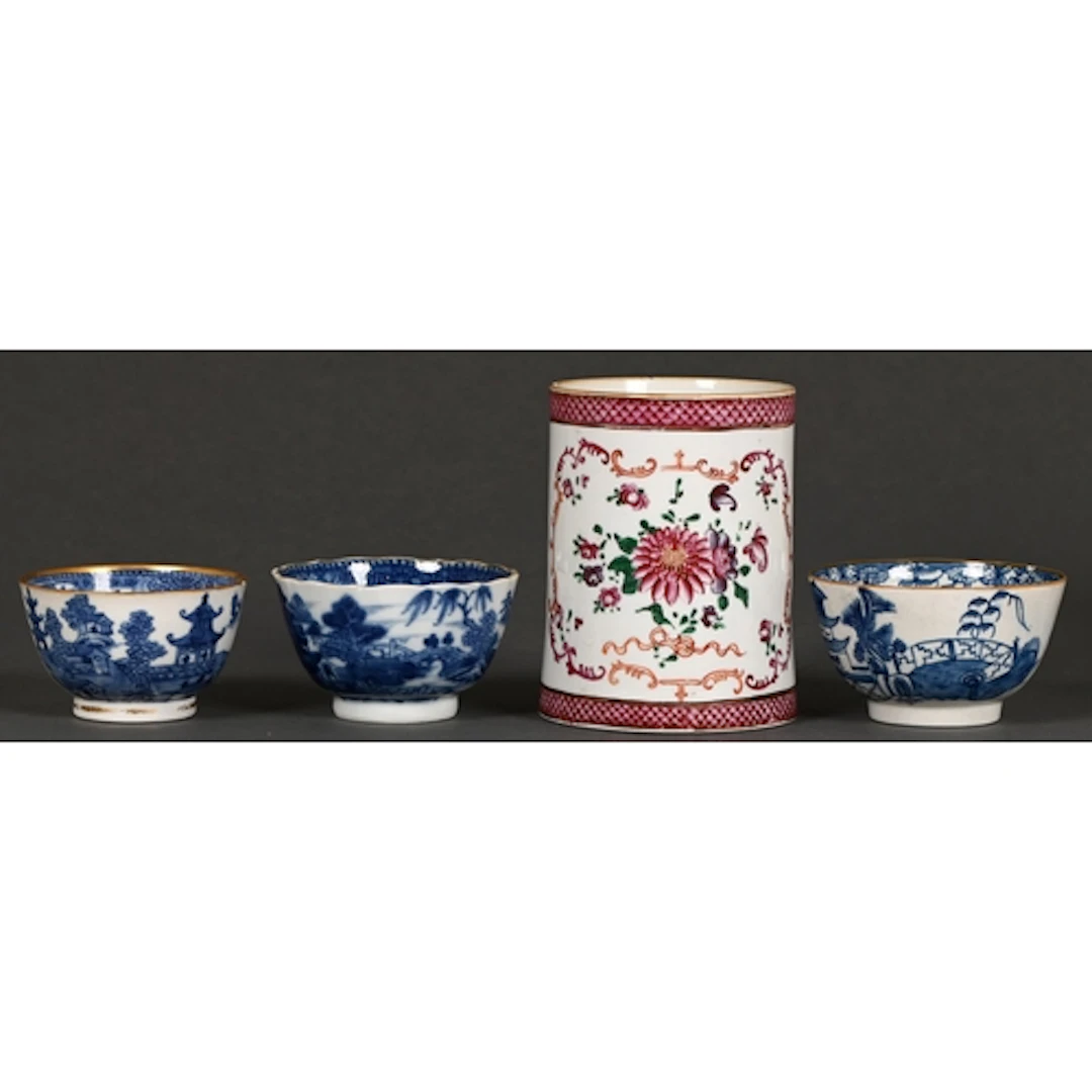 A Chinese export famille rose mug, late 18th c, with brass r...