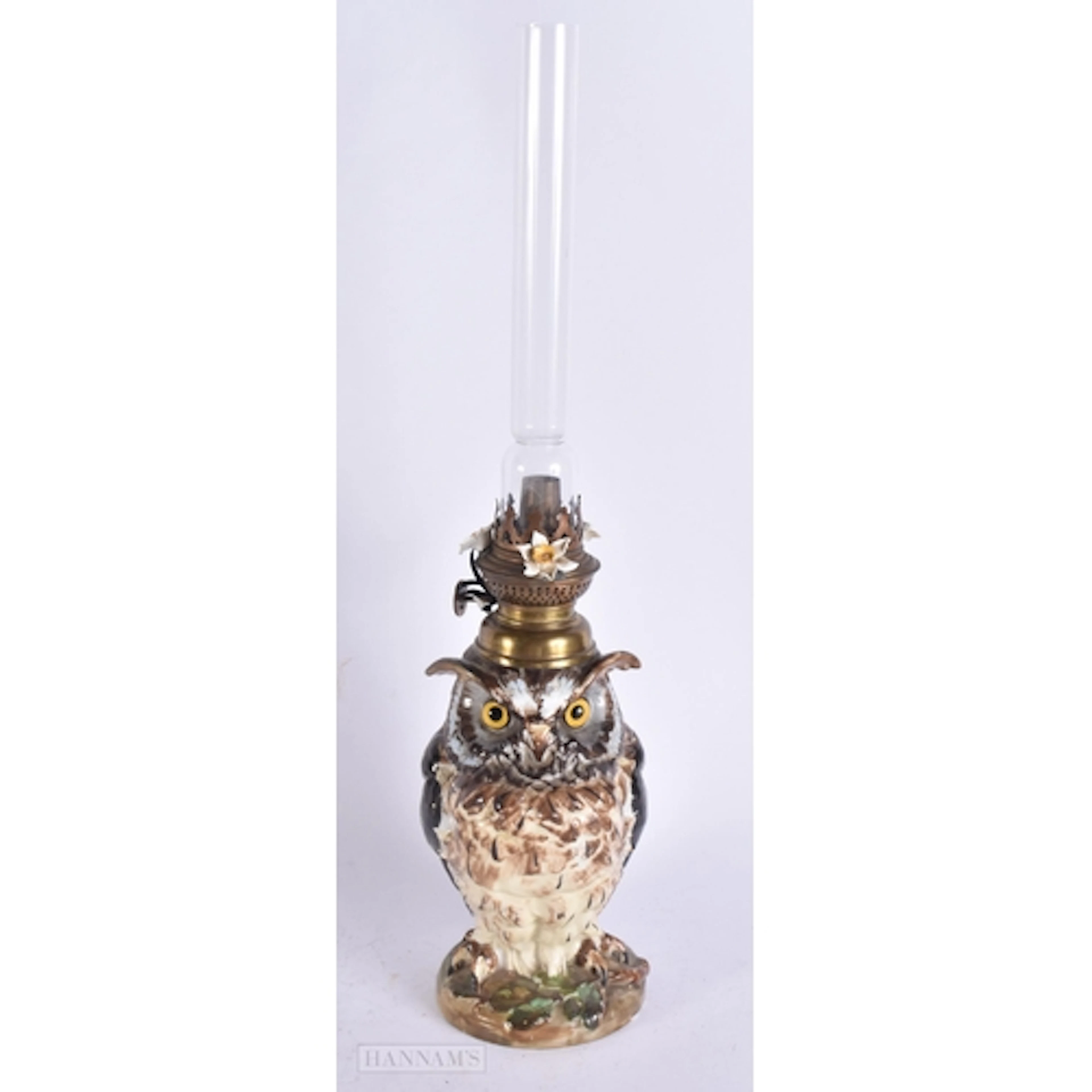 AN ANTIQUE FRENCH PORCELAIN OWL OIL LAMP made for William Wh...