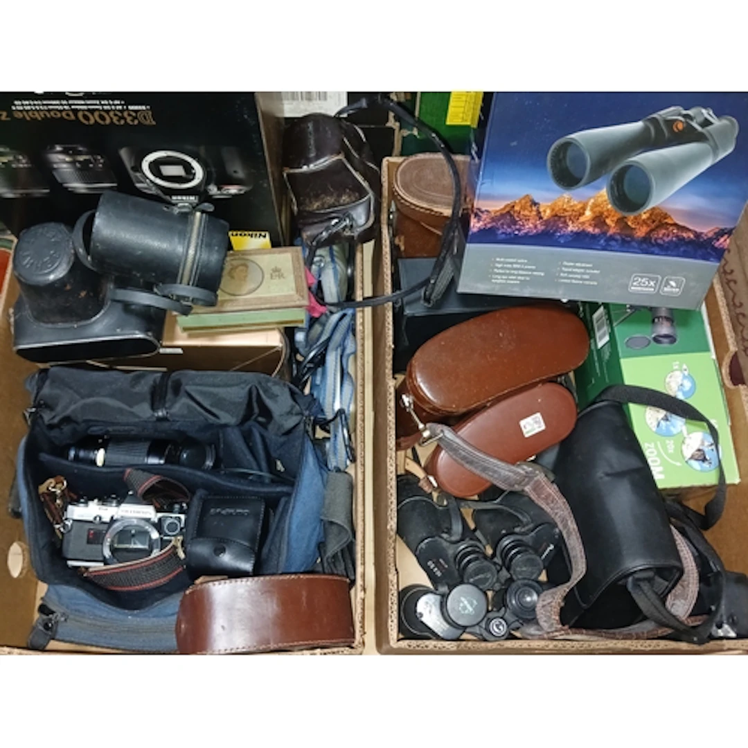 Two boxes of assorted cameras and binoculars, various makes ...