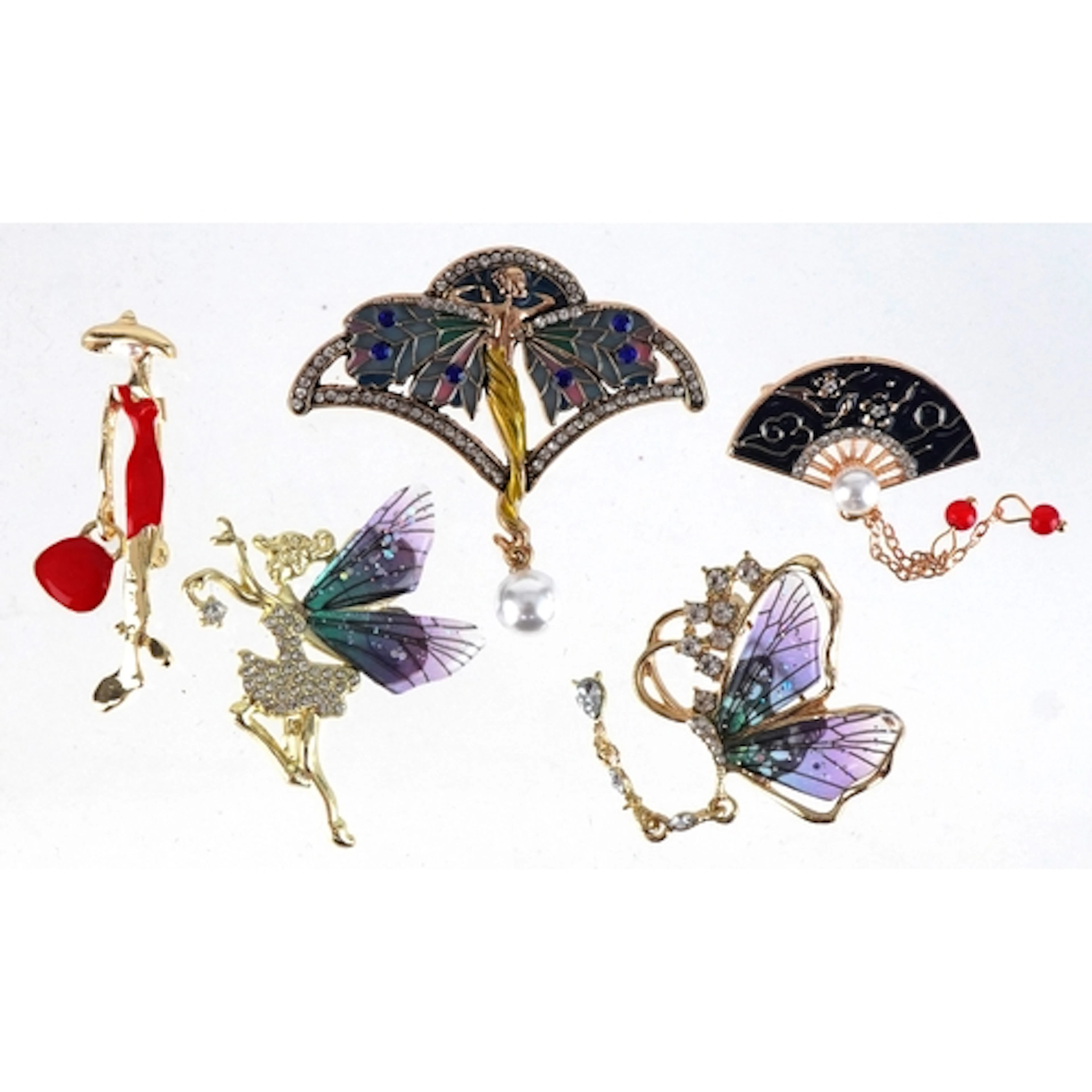 Five jewelled and enamel brooches including Art Nouveau styl...
