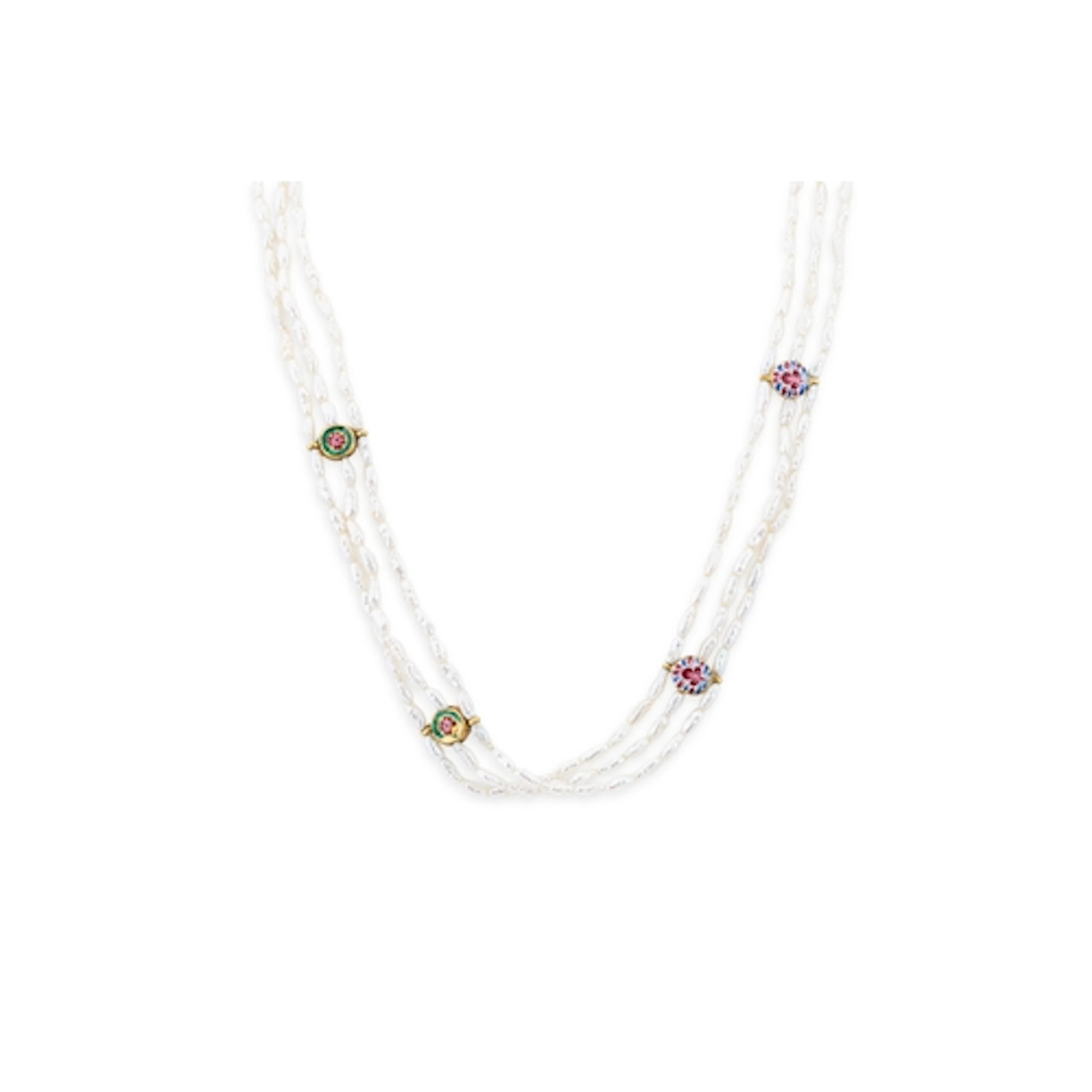 A VINTAGE THREE ROWED STRING OF BAROQUE SEED PEARLS, clasp s...