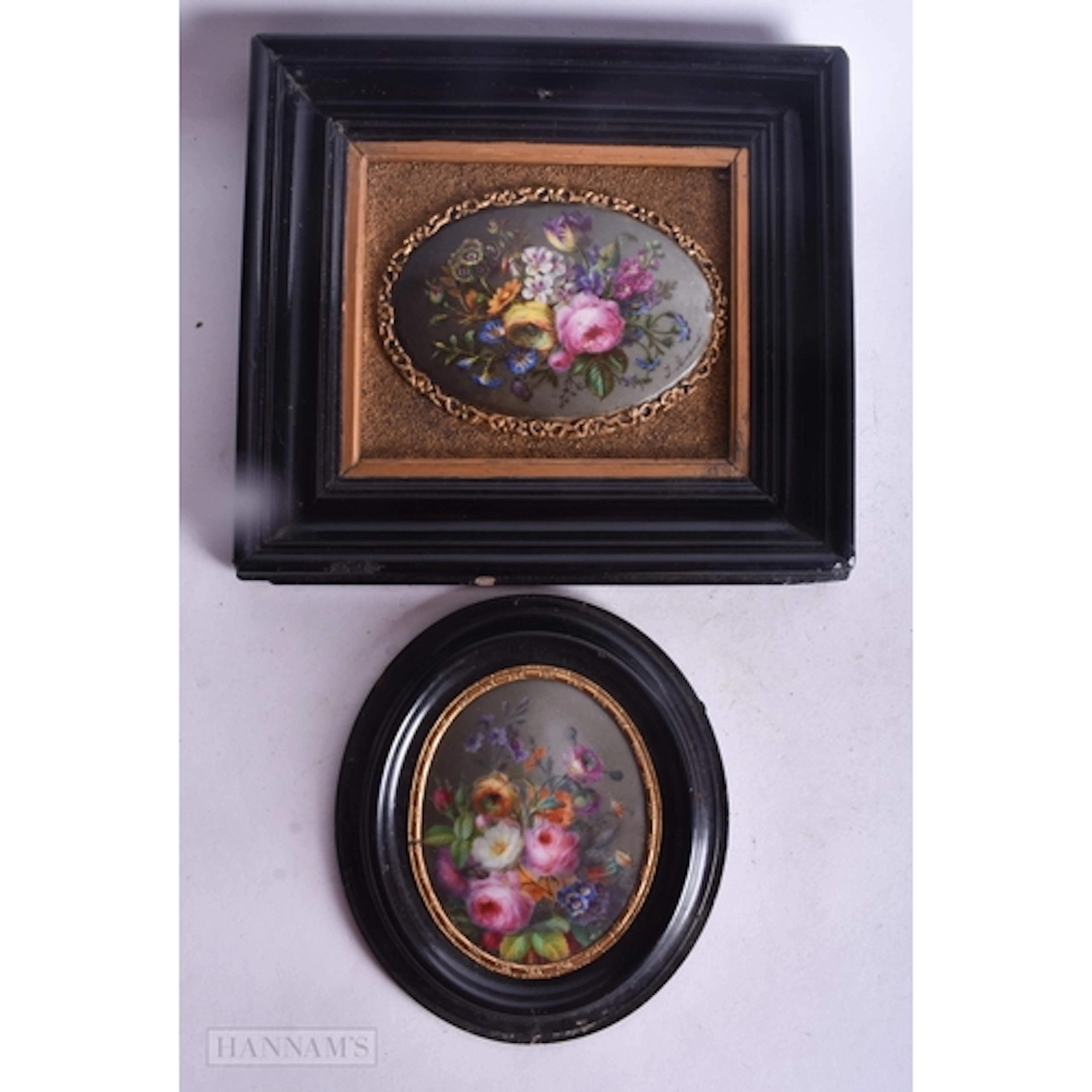 Paris porcelain plaque painted in full with flowers on an ov...