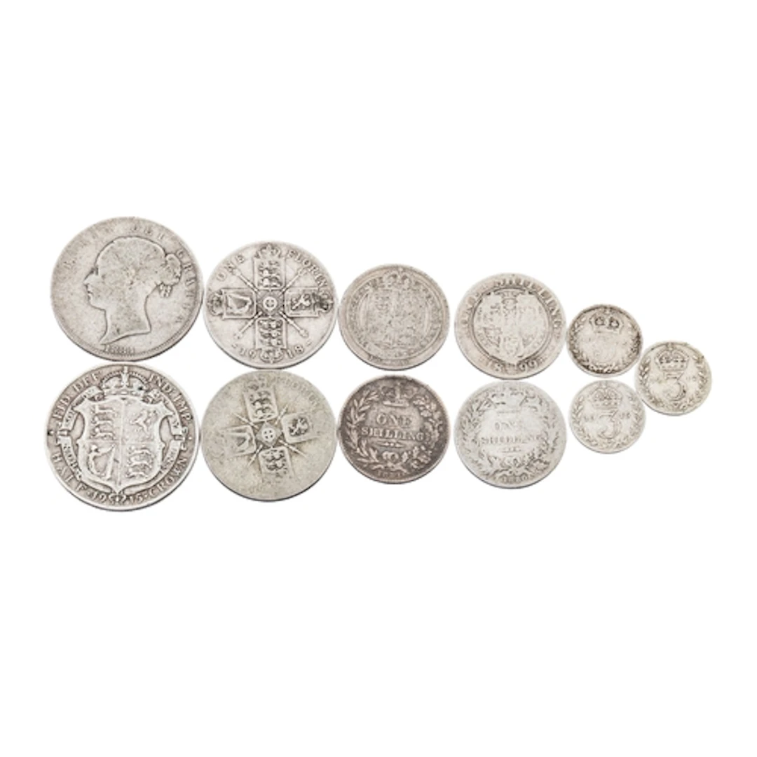 A COLLECTION OF 92.5% PRE-1920 ENGLISH COINS, from half crow...