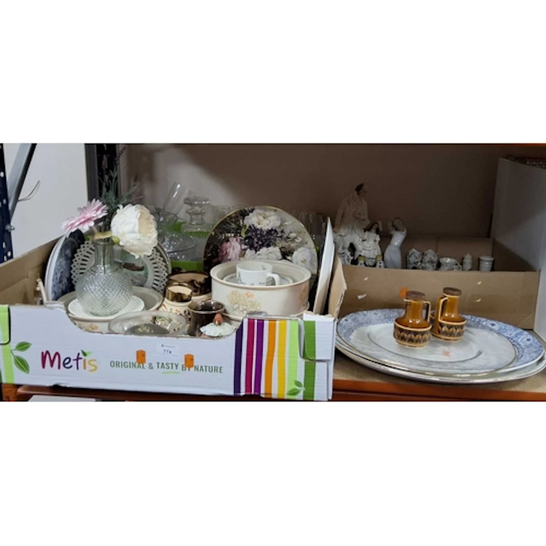 THREE BOXES AND LOOSE MISCELLANEOUS CERAMICS AND GLASS, to i...