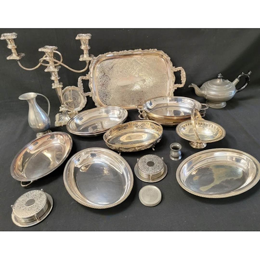 MIXED COLLECTION OF PLATED AND METALWARE including a three-...