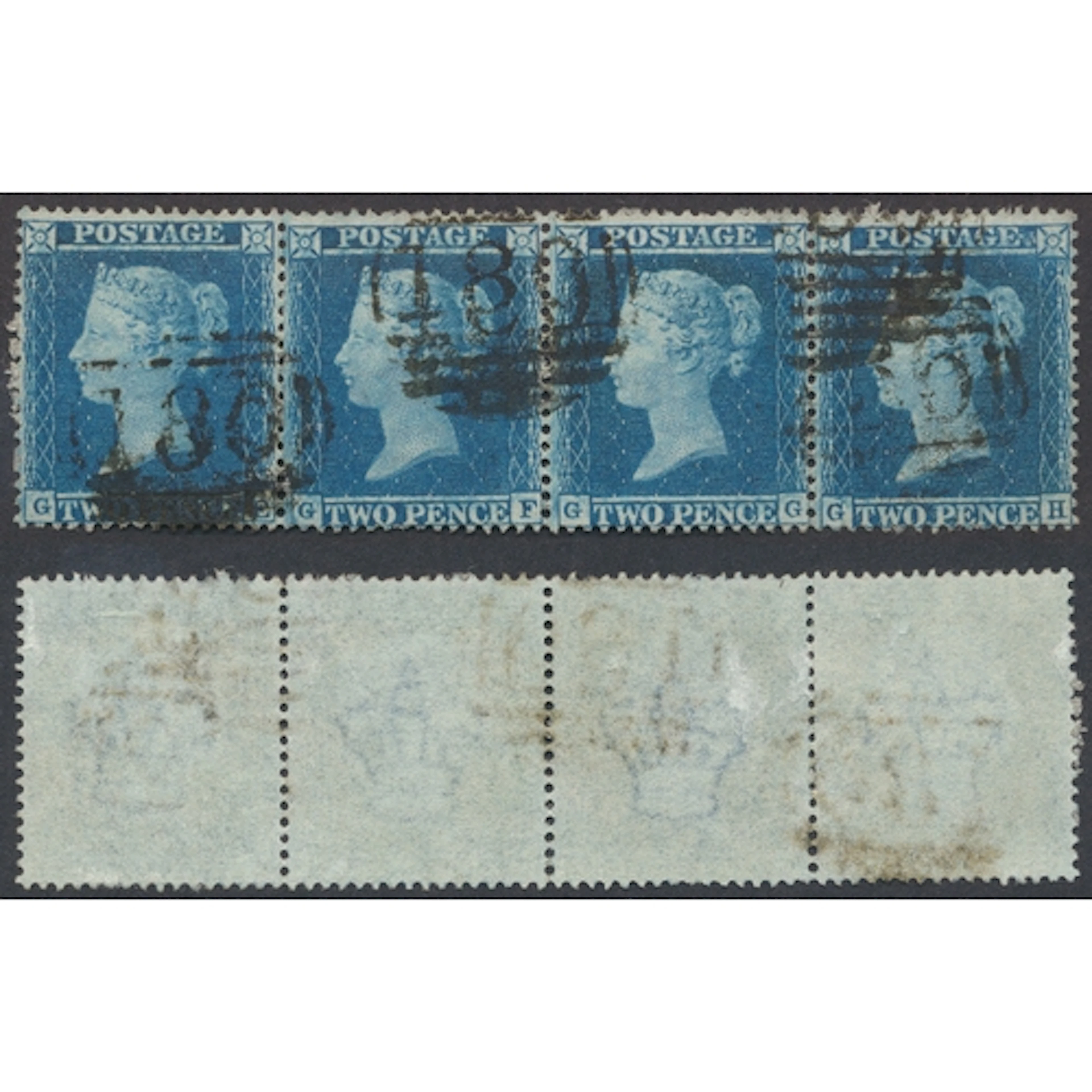 1855 2d blue plate (5) GE-GH. fine U, horizontal strip of 4 ...