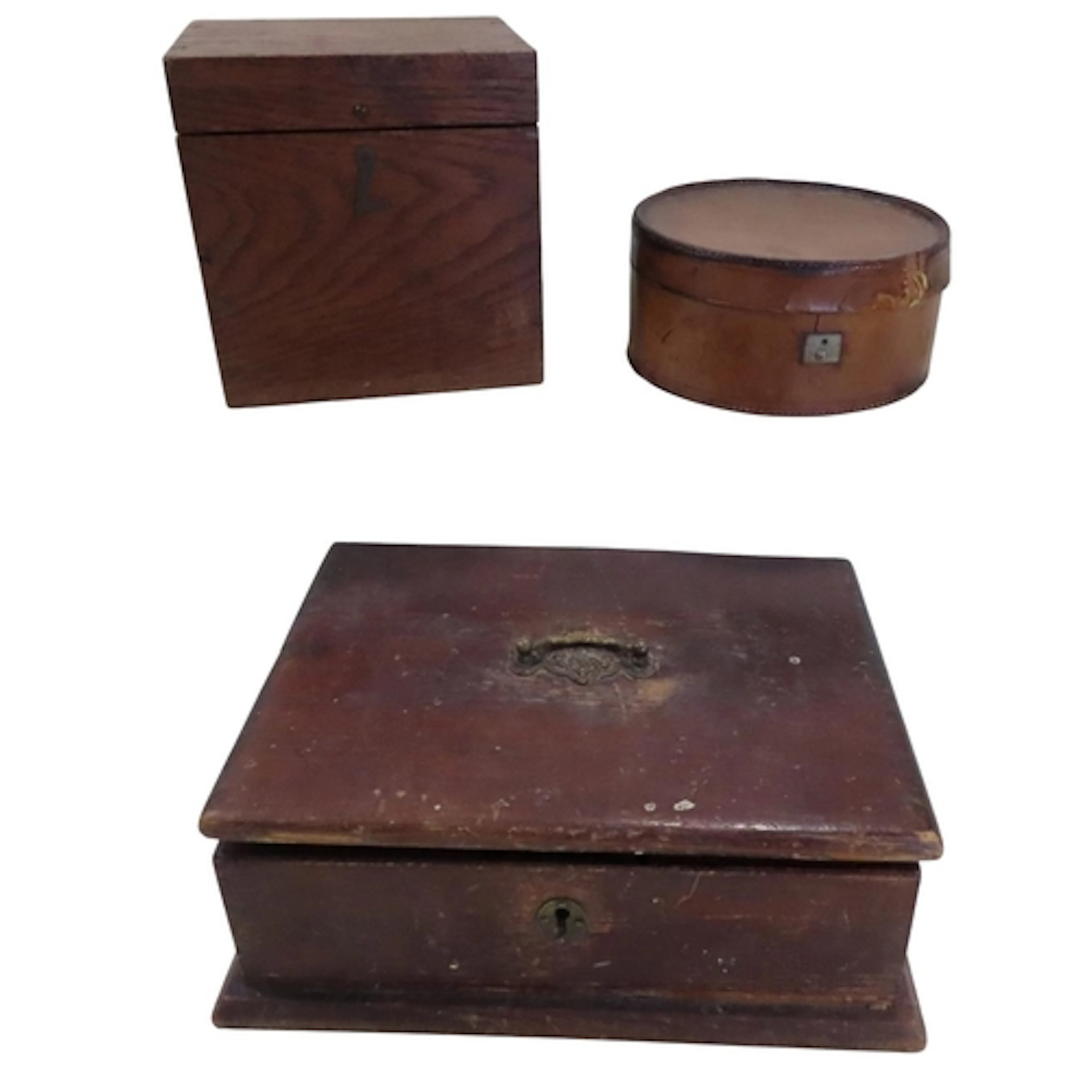 A vintage leather collar box, further oak caddy, and a pine ...