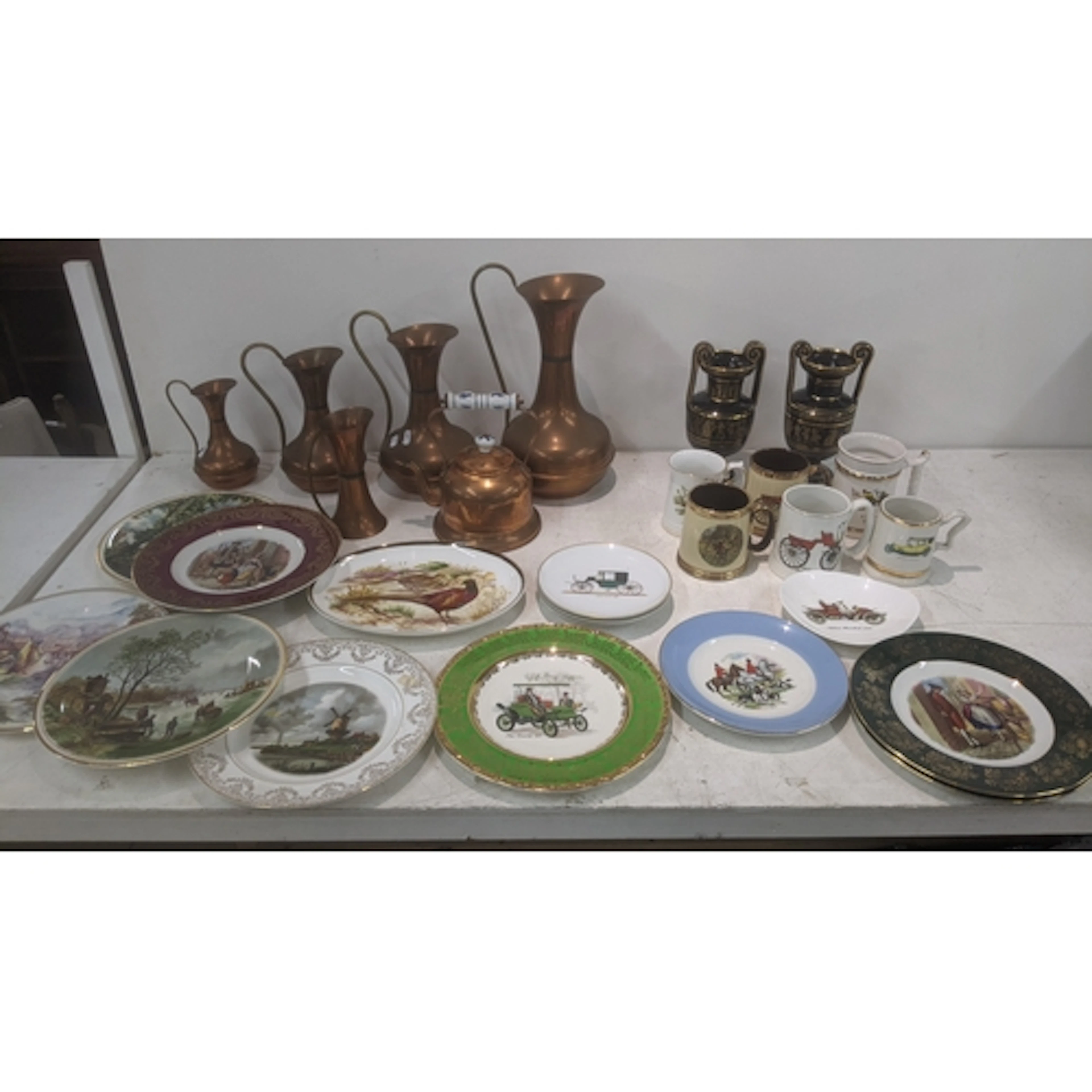 Ceramics and metalware to include four copper jugs of gradua...