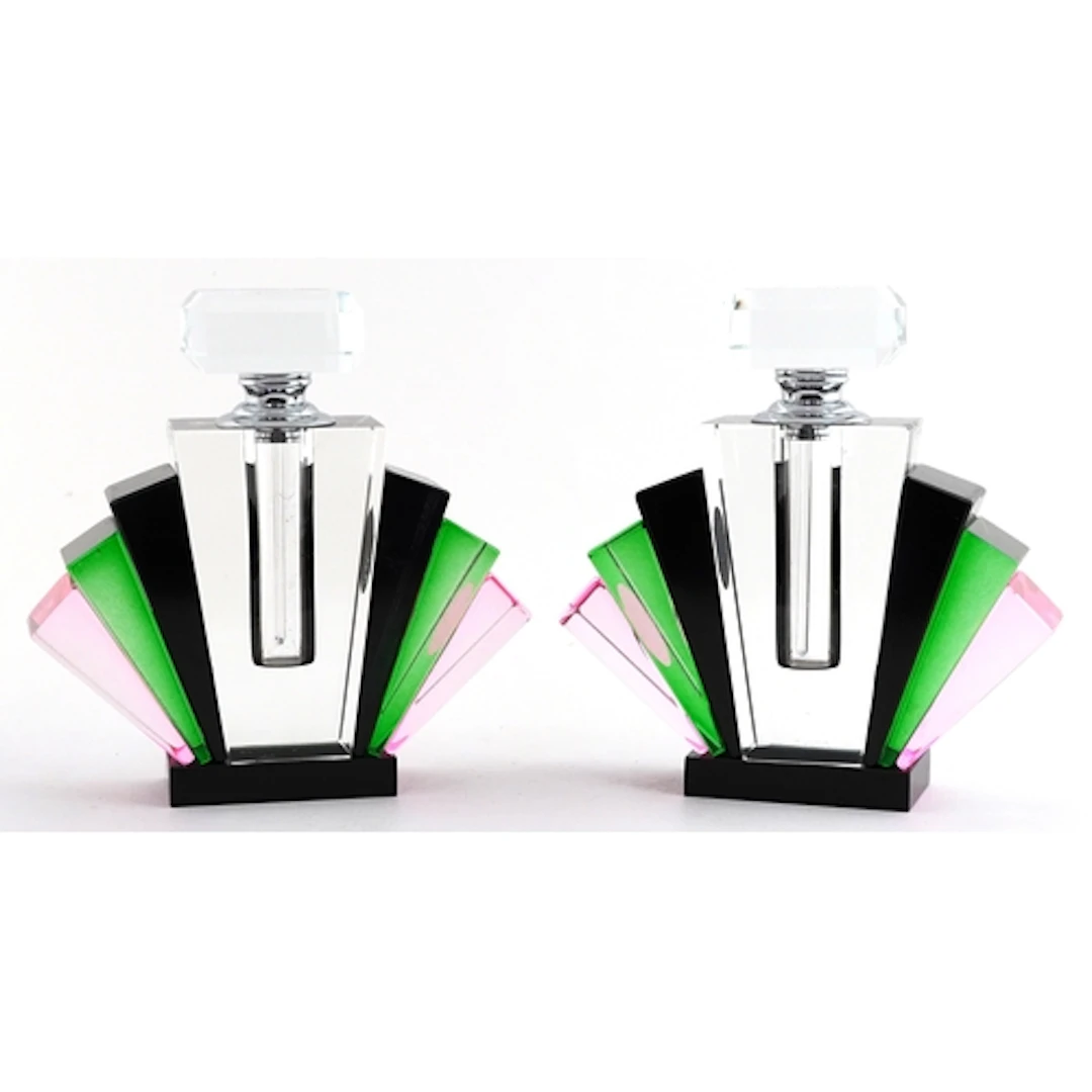 Pair of Art Deco style green, pink and clear glass scent bot...