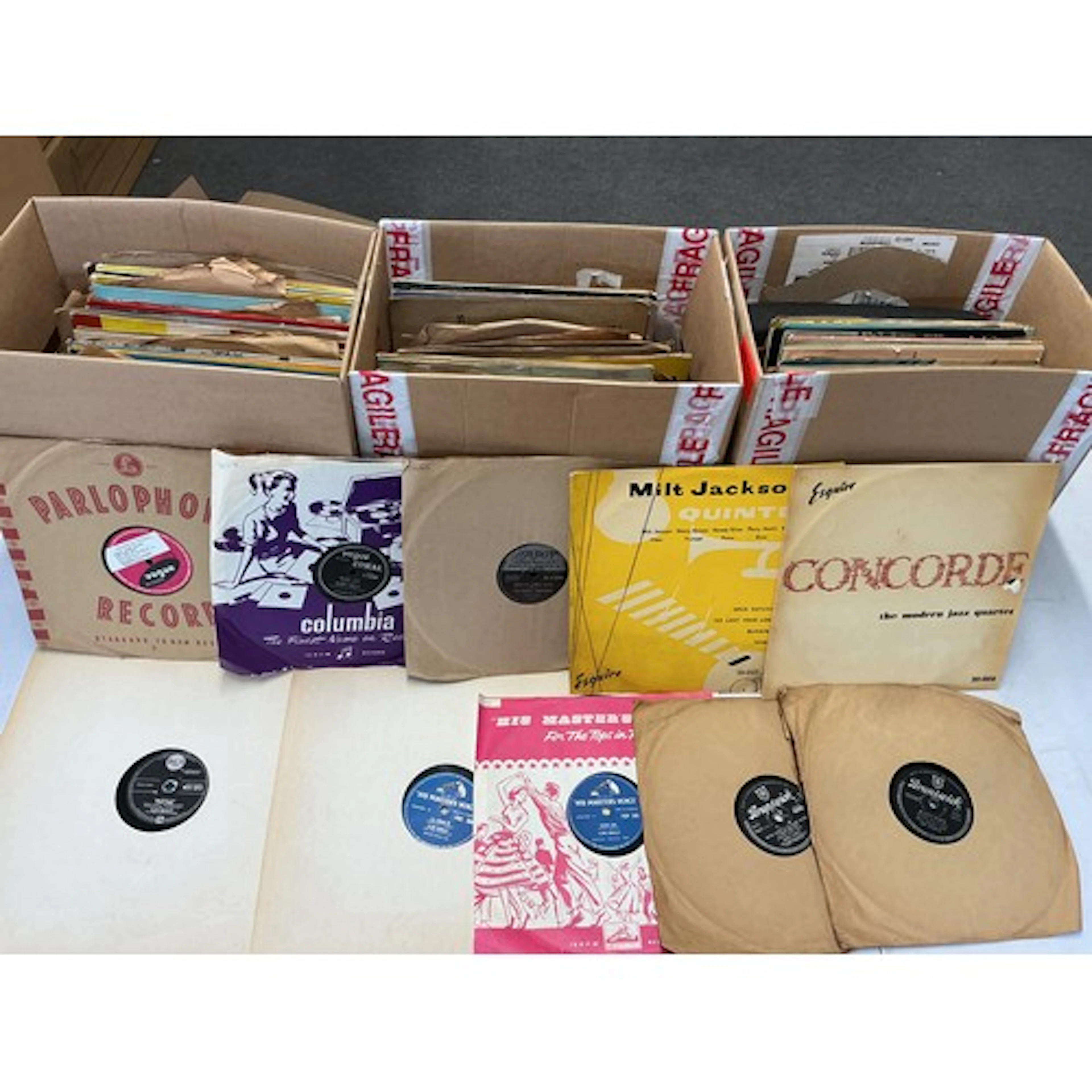 Three boxes of 78s and 10” records including various rock n ...