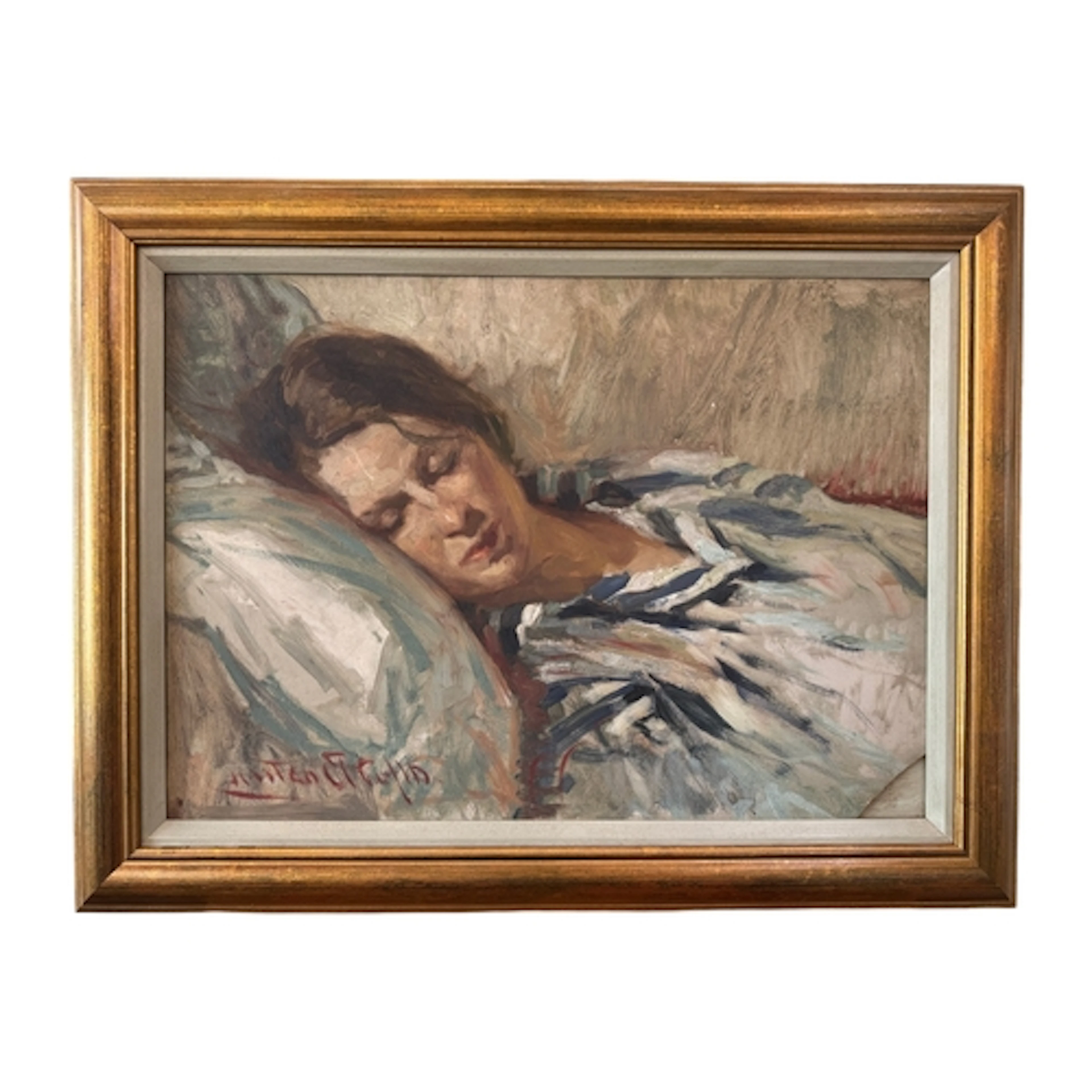 Post-War School - Sleeping girl in a striped shirt, indistin...