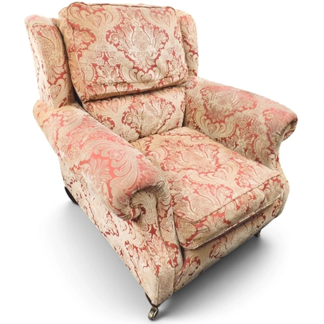 A 20th century red and gilt Damask upholstered armchair on t...