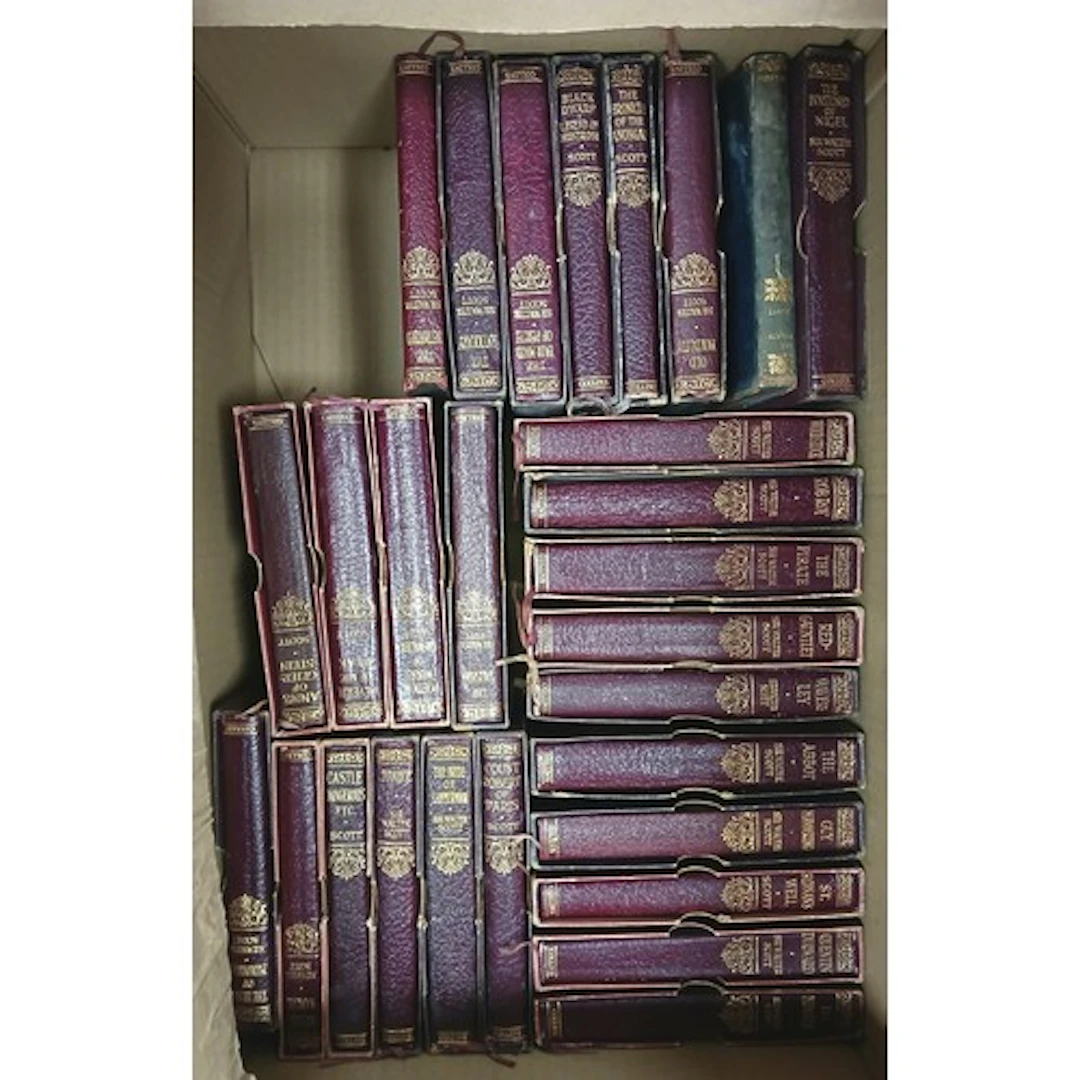 Collection of leather bound Sir Walter Scott books.