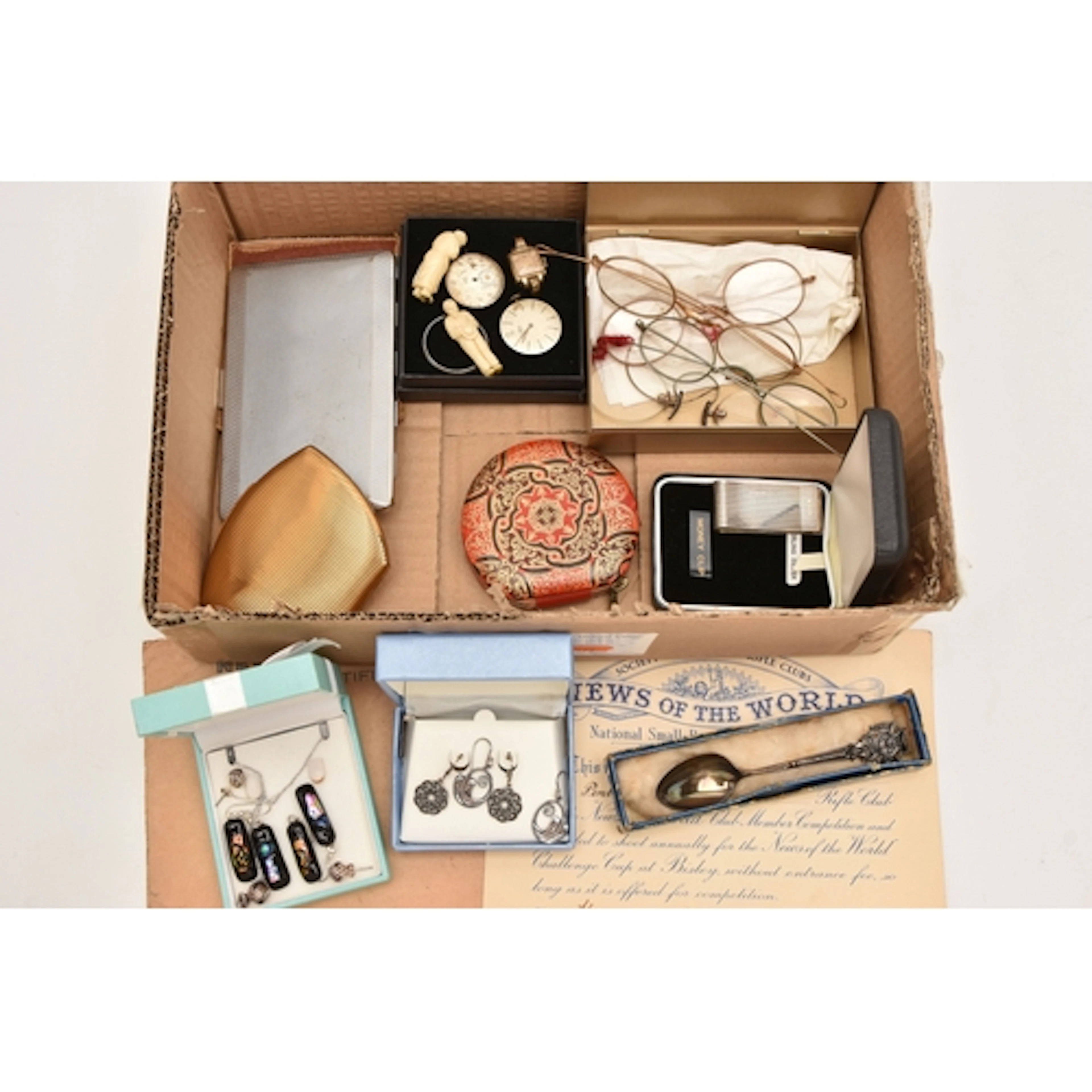 A BOX OF ASSORTED ITEMS, to include a silver hallmarked mone...