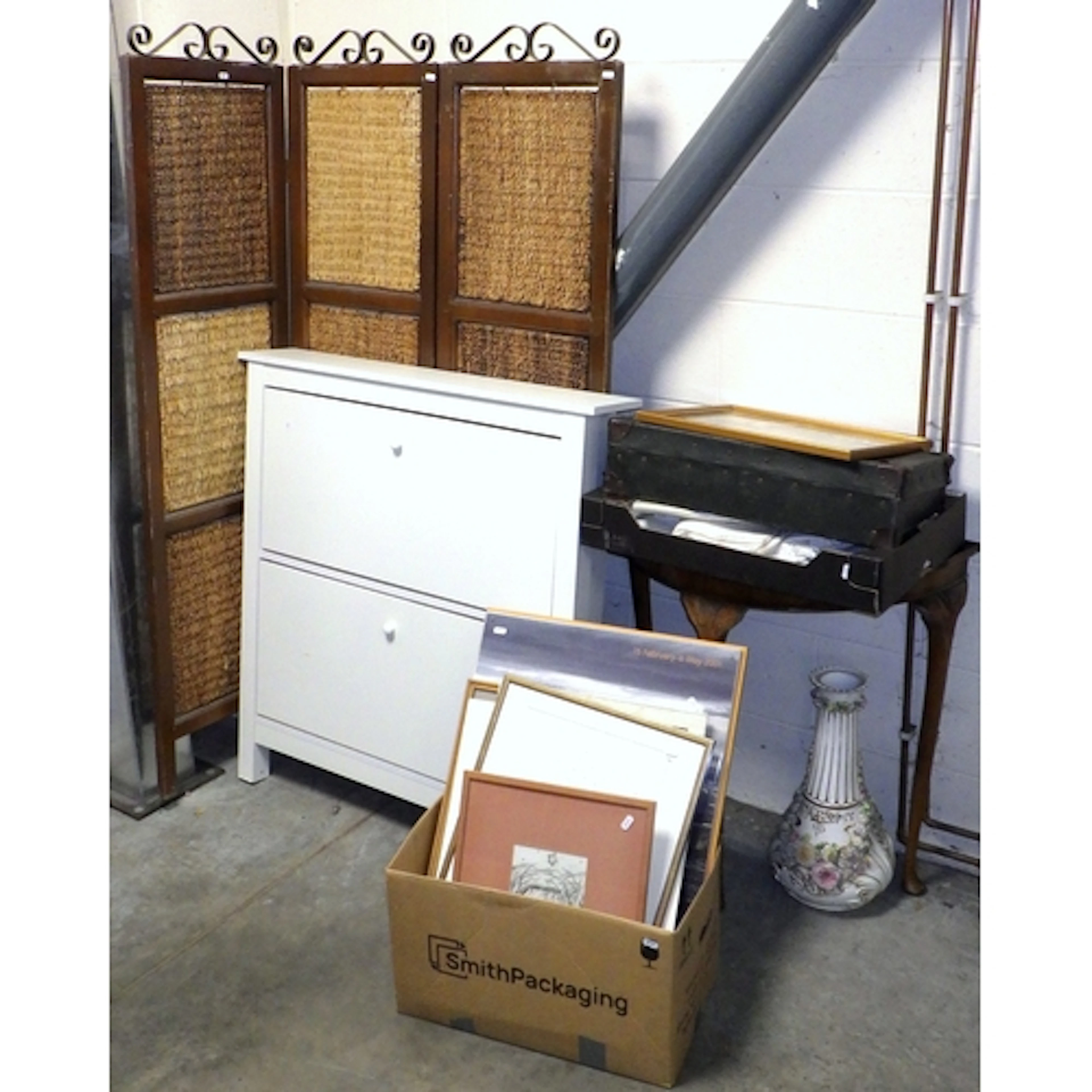 A qty of misc to inc linen, screen, shoe cupboard etc