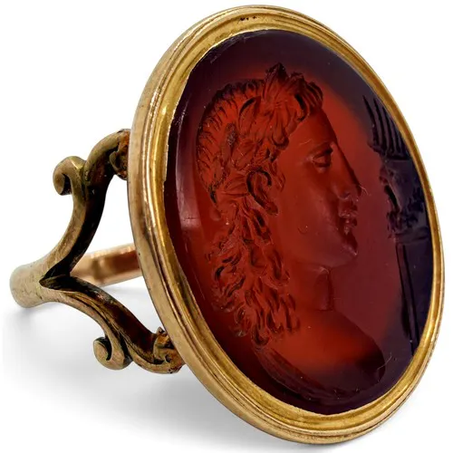 A European Neoclassical gold ring set with a carnelian intag...