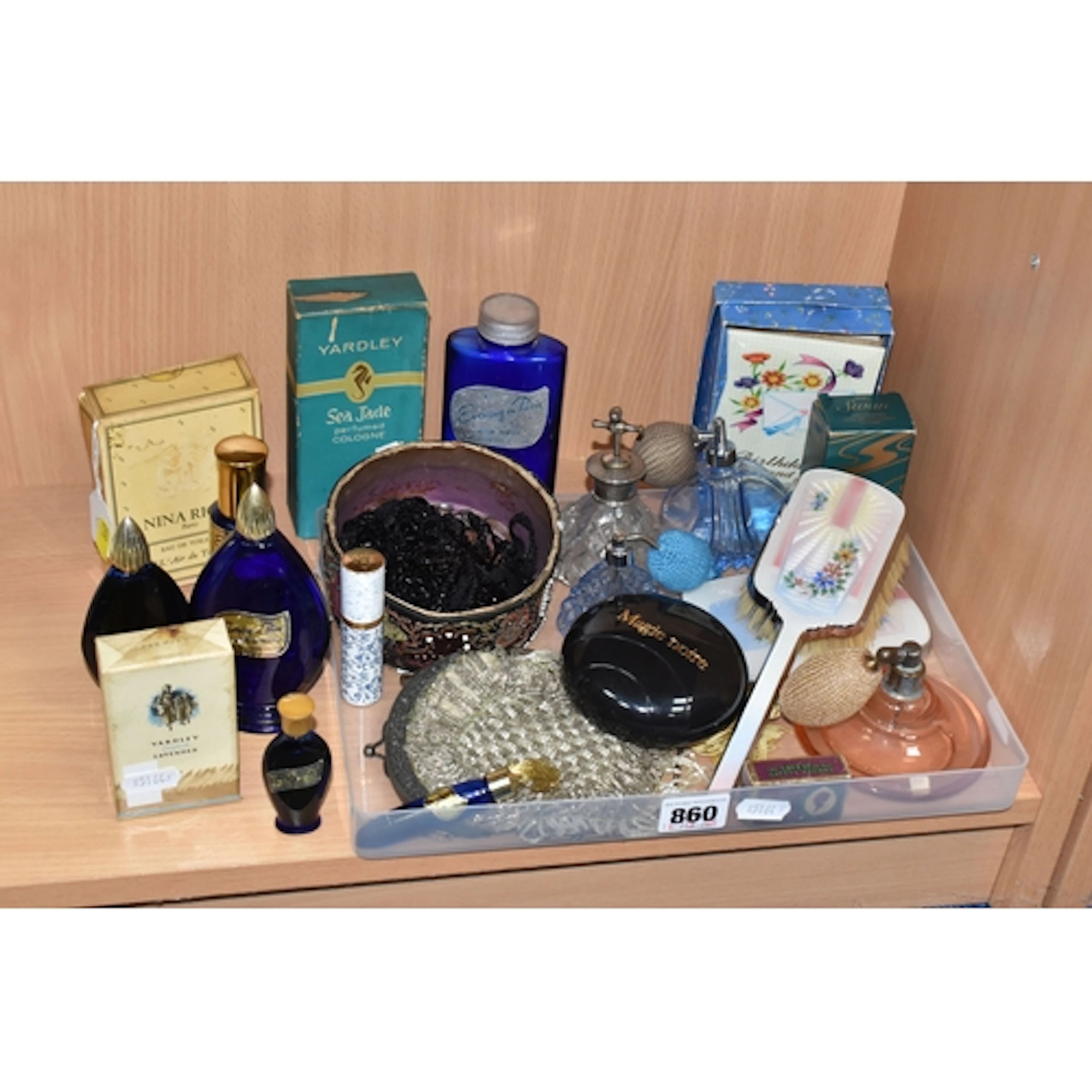 A BOX AND LOOSE VINTAGE PERFUMES, DRESSING TABLE ITEMS, EVEN...