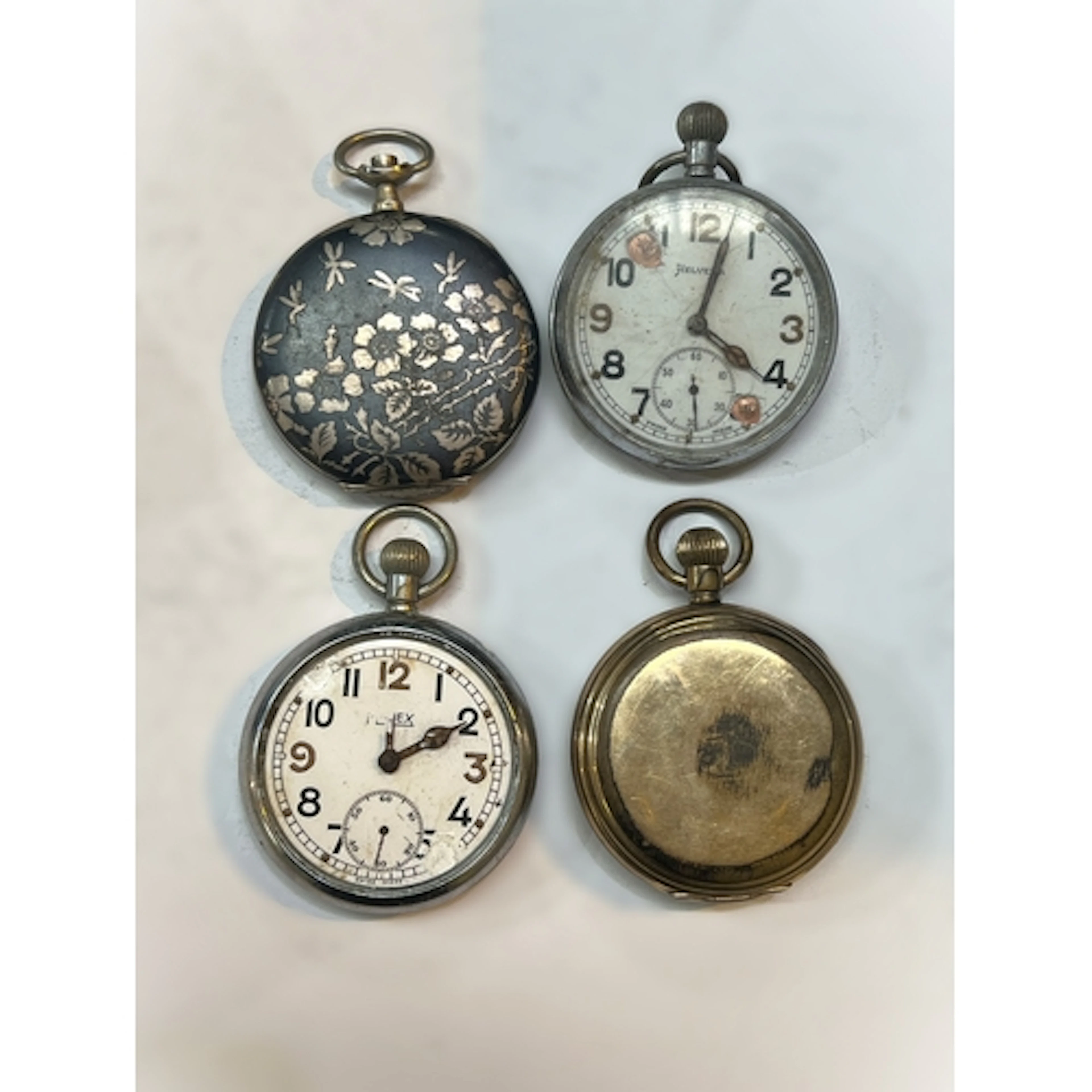 3 vintage pocket watches and a Swiss pocket watch, case stam...