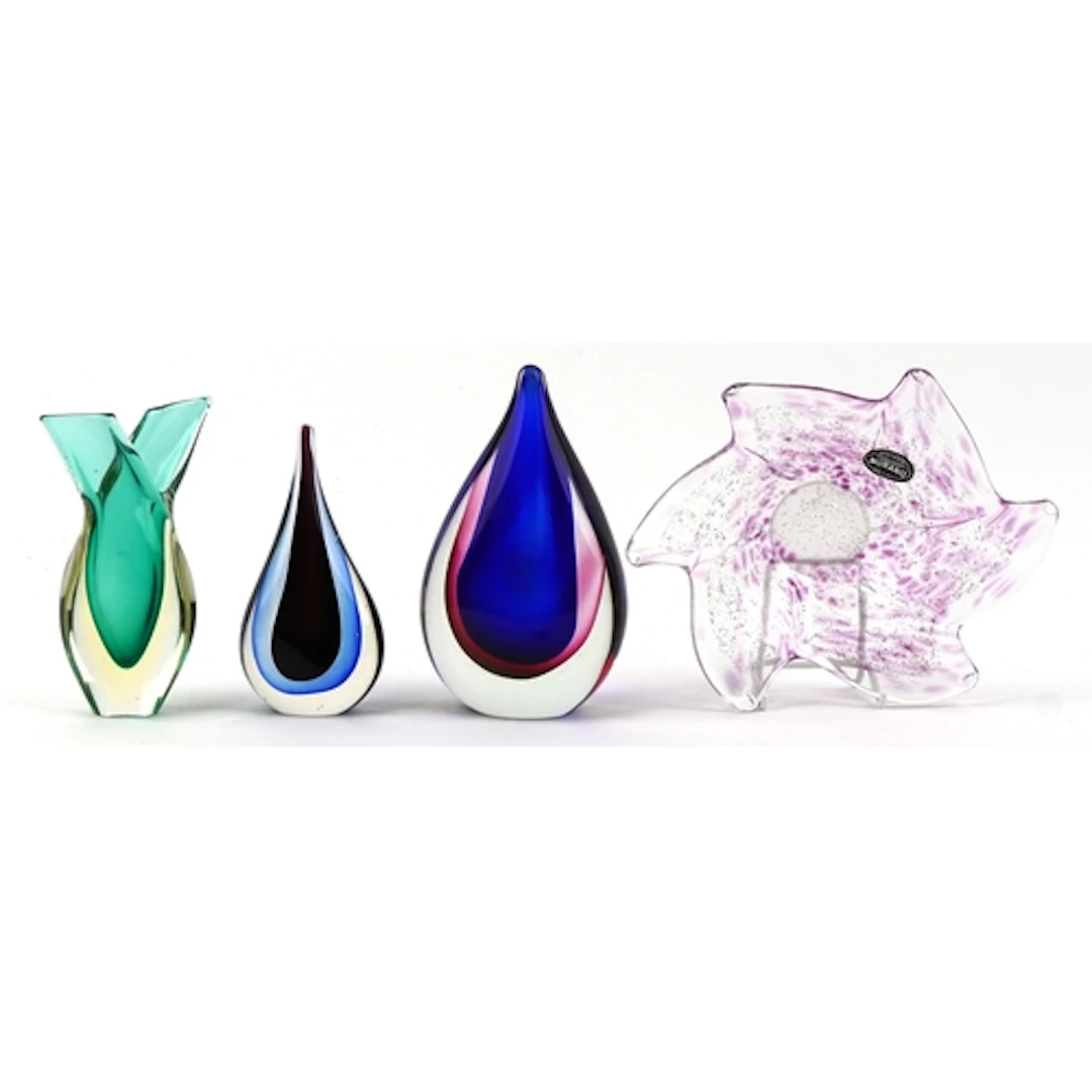 Three Murano Sommerso triple colour glass vases and a Murano...